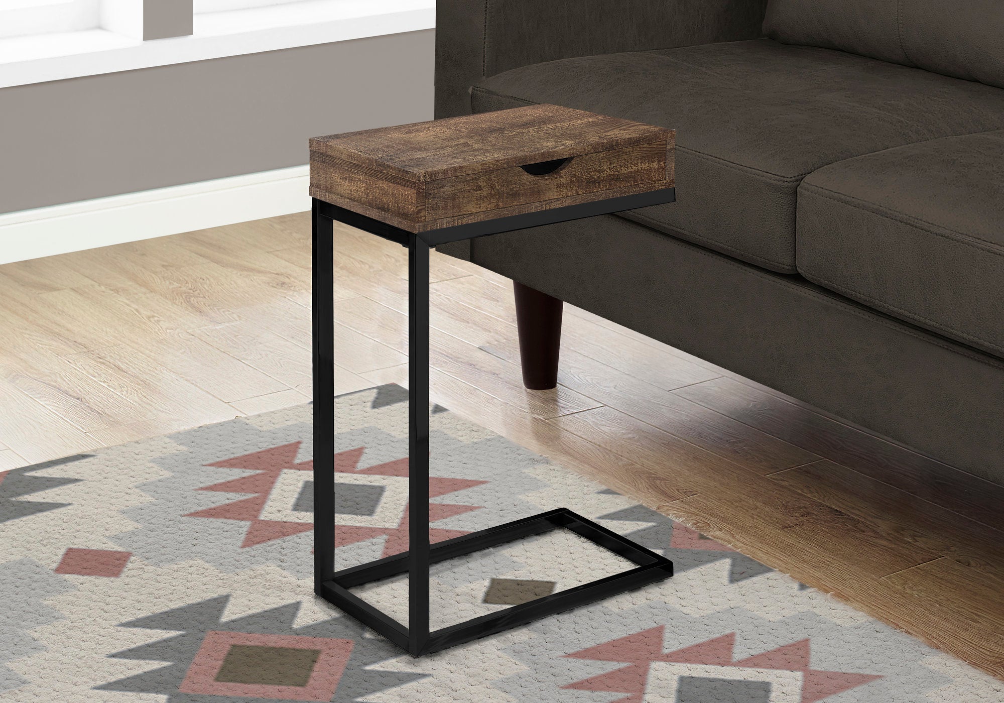 MN-493406    Accent Table, C-Shaped, End, Side, Snack, Living Room, Bedroom, Storage Drawer, Metal Legs, Laminate, Brown Reclaimed Wood Look, Black, Contemporary, Modern