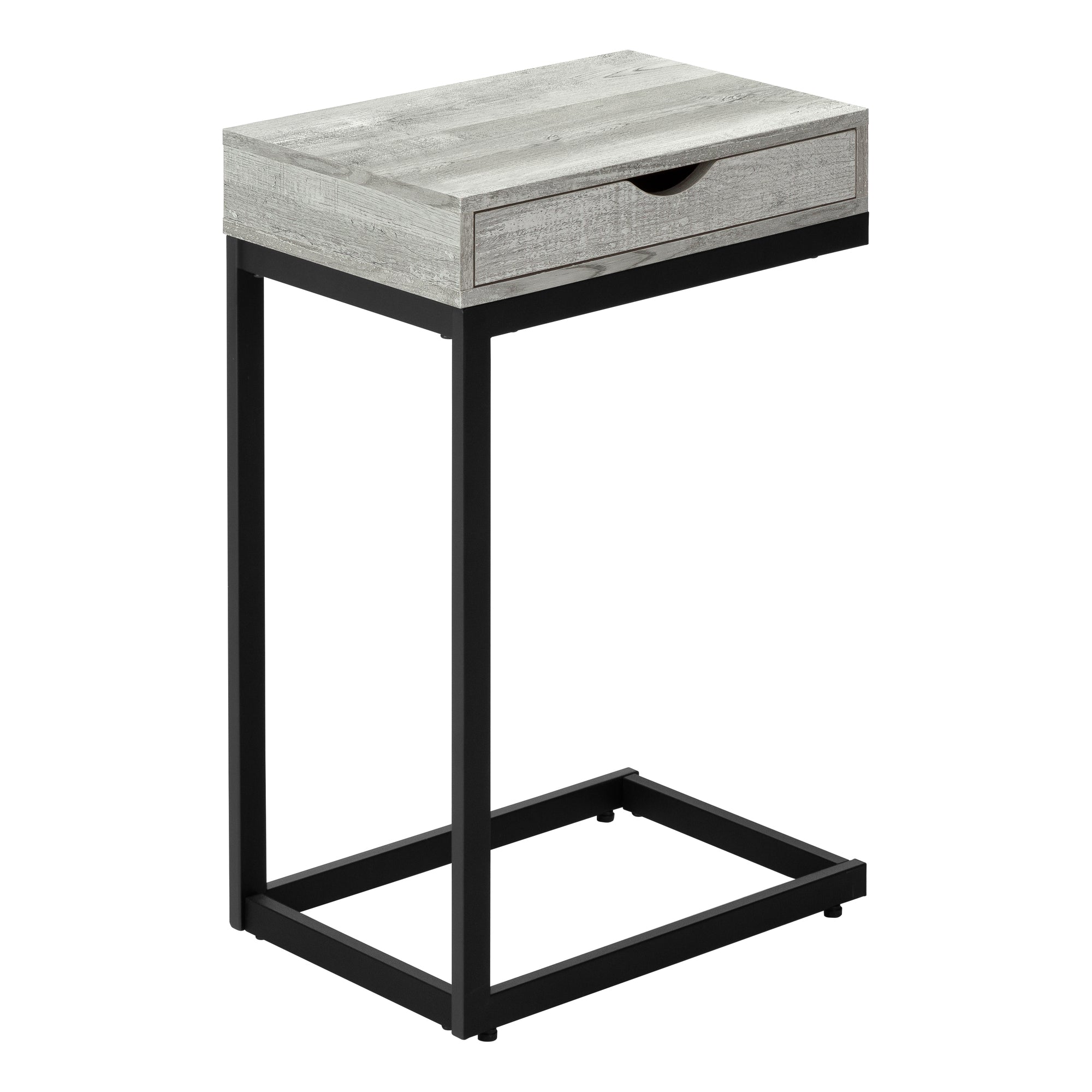 MN-503407    Accent Table, C-Shaped, End, Side, Snack, Living Room, Bedroom, Storage Drawer, Metal Legs, Laminate, Grey Reclaimed Wood Look, Black, Contemporary, Modern