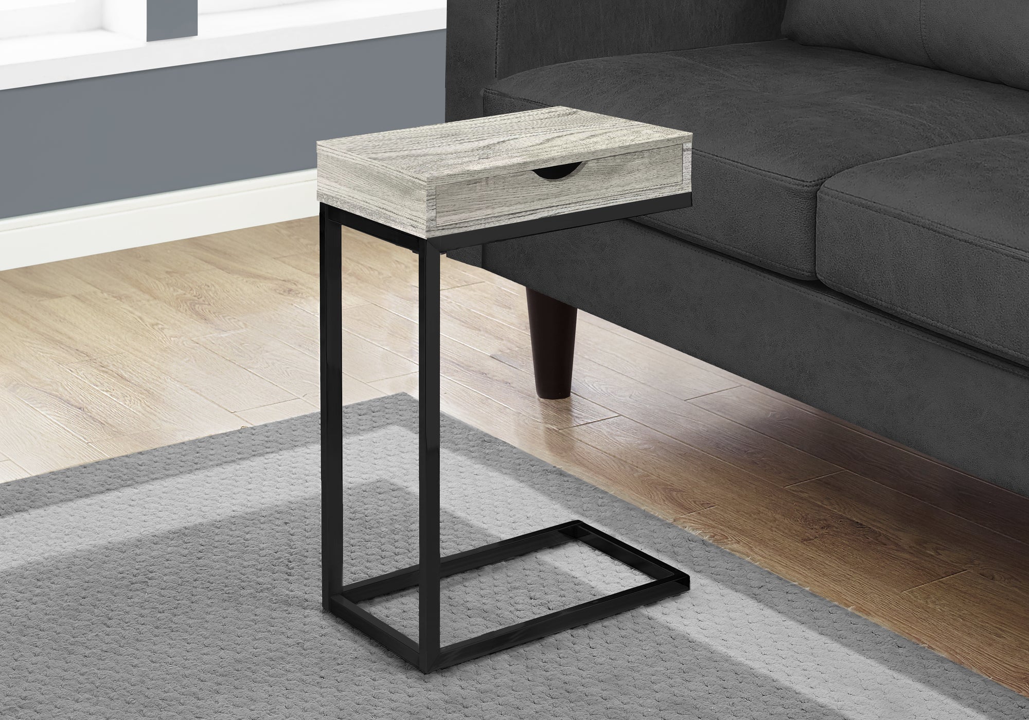 MN-503407    Accent Table, C-Shaped, End, Side, Snack, Living Room, Bedroom, Storage Drawer, Metal Legs, Laminate, Grey Reclaimed Wood Look, Black, Contemporary, Modern