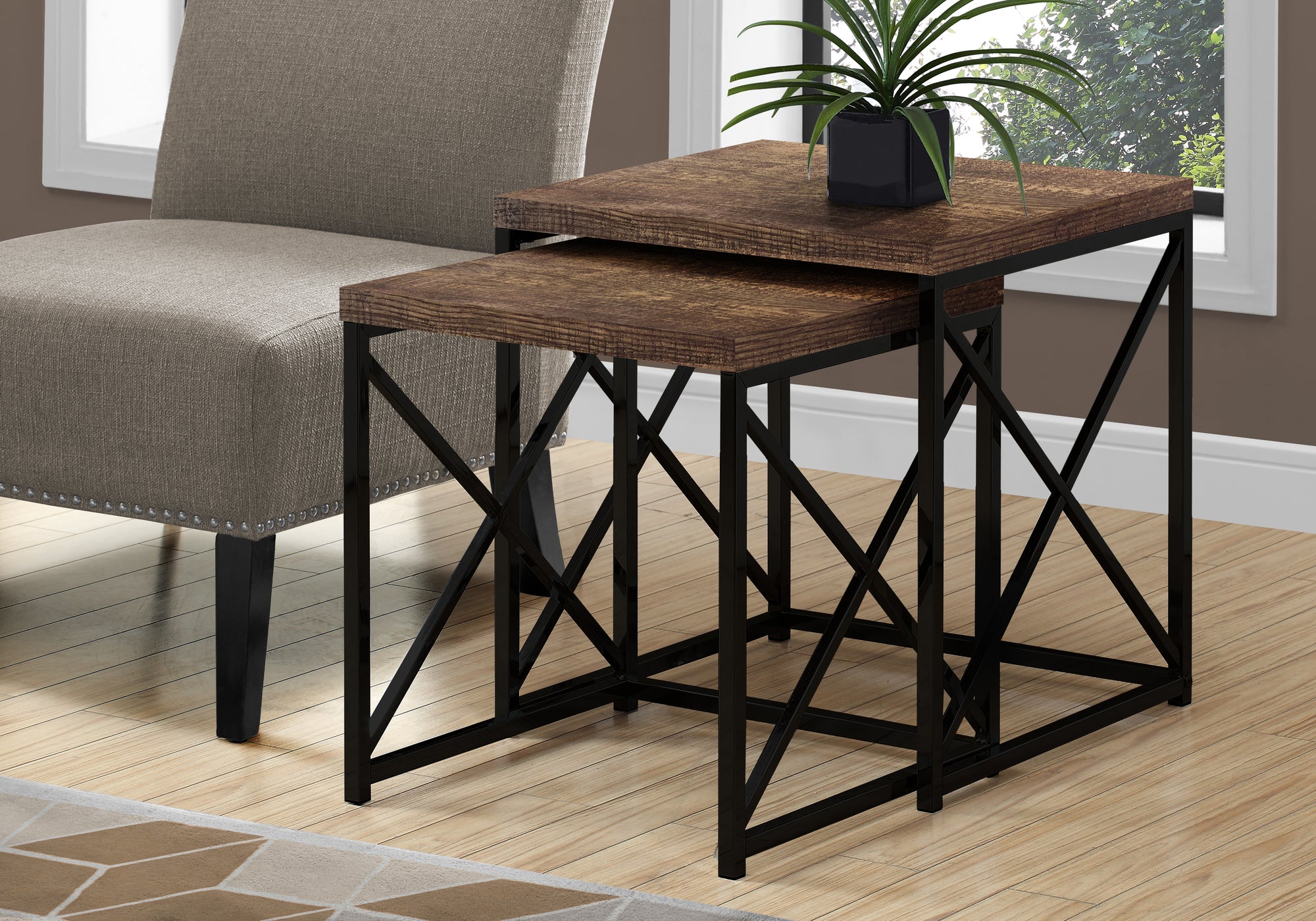 MN-533413    Nesting Table, Set Of 2, Side, End, Metal, Accent, Living Room, Bedroom, Metal Base, Laminate, Brown Reclaimed Wood Look, Black, Contemporary, Modern