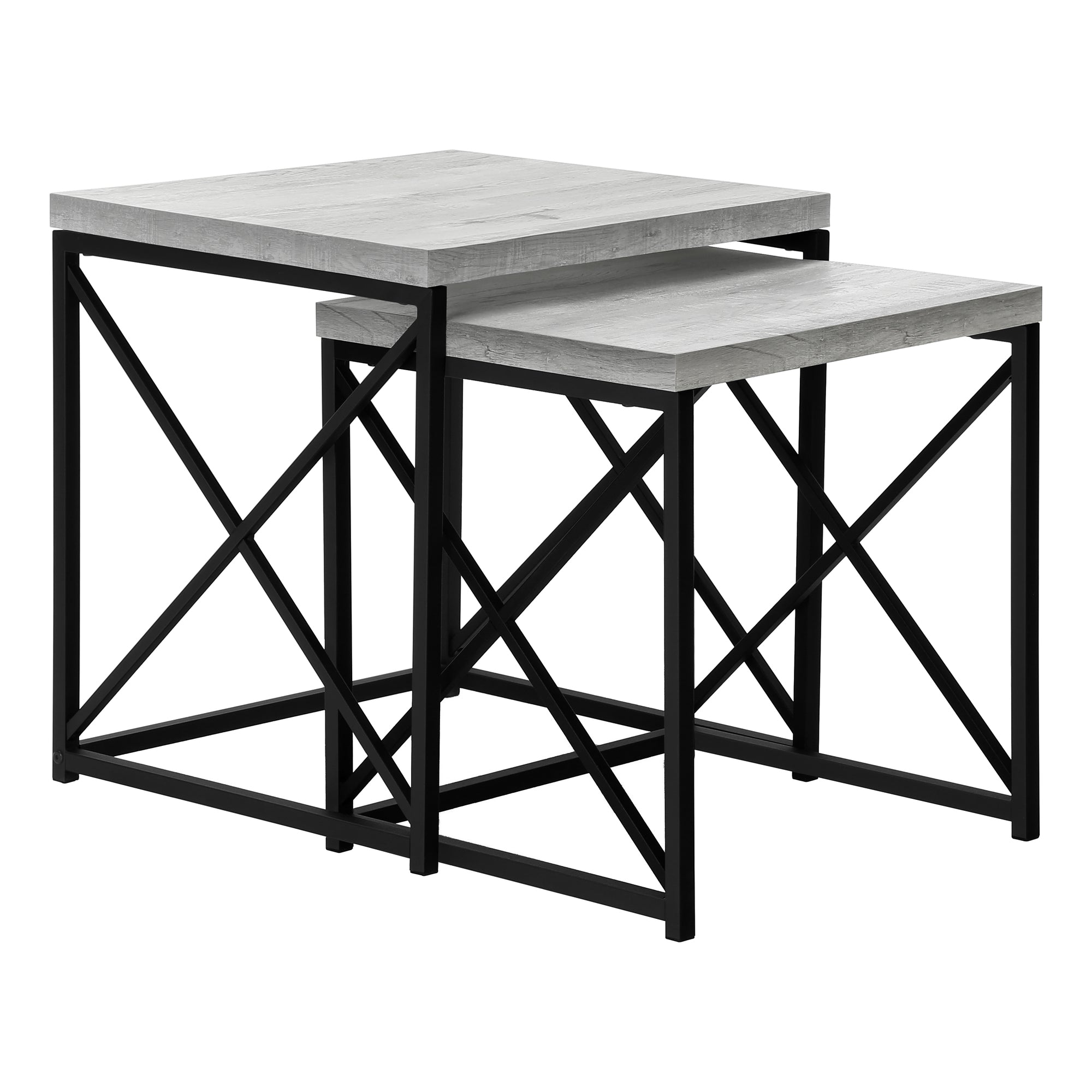 MN-543414    Nesting Table, Set Of 2, Side, End, Metal, Accent, Living Room, Bedroom, Metal Base, Laminate, Grey Reclaimed Wood Look, Black, Contemporary, Modern