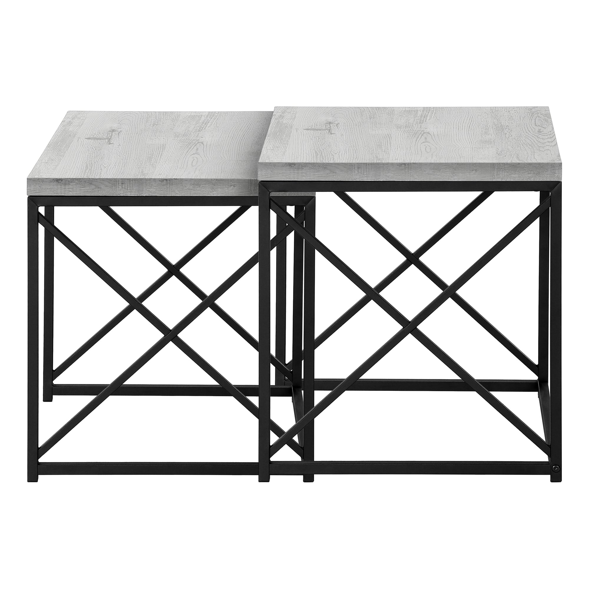 MN-543414    Nesting Table, Set Of 2, Side, End, Metal, Accent, Living Room, Bedroom, Metal Base, Laminate, Grey Reclaimed Wood Look, Black, Contemporary, Modern