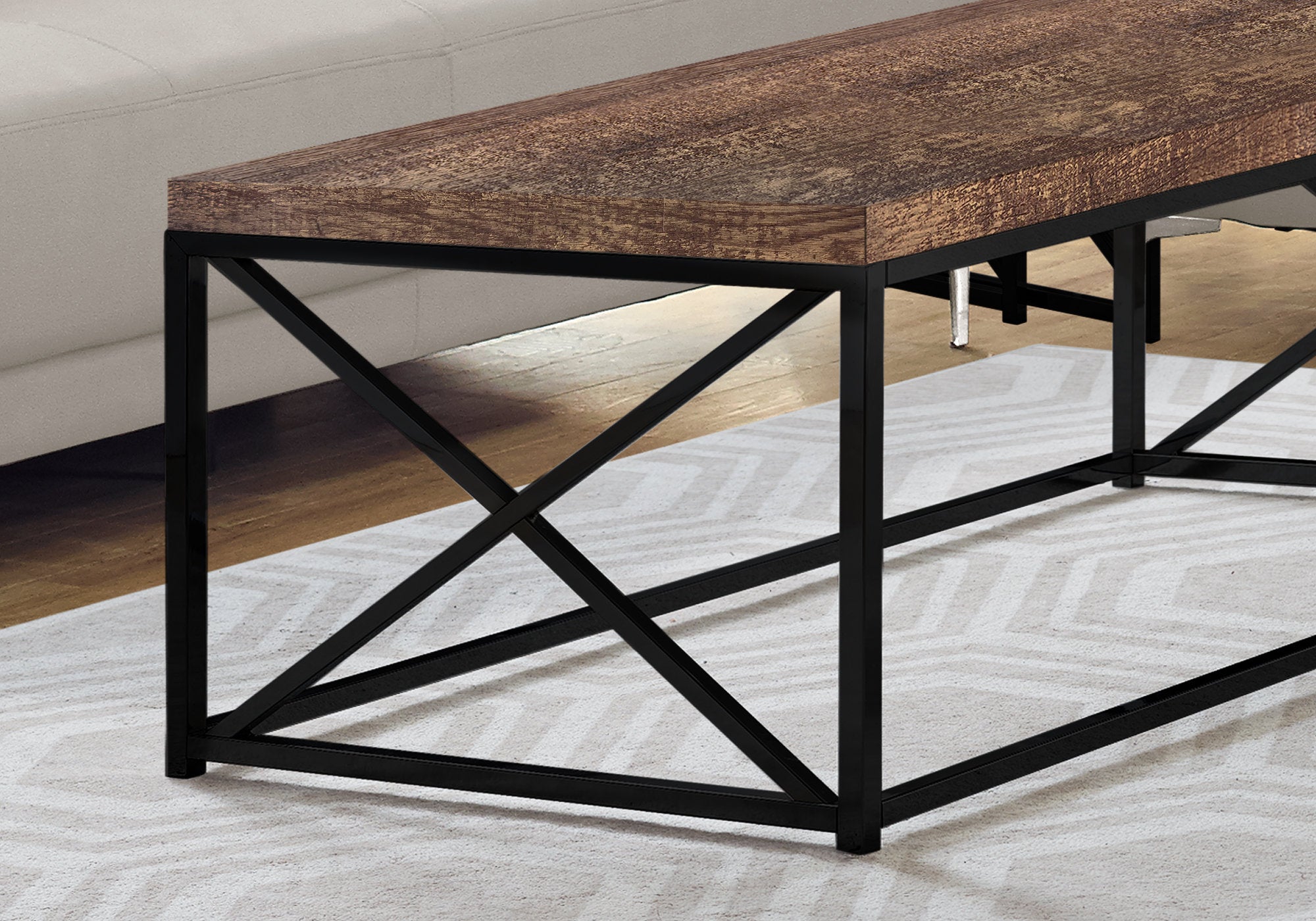 MN-553416    Coffee Table, Accent, Cocktail, Rectangular, Living Room, Metal Frame, Laminate, Brown Reclaimed Wood Look, Black, Contemporary, Modern