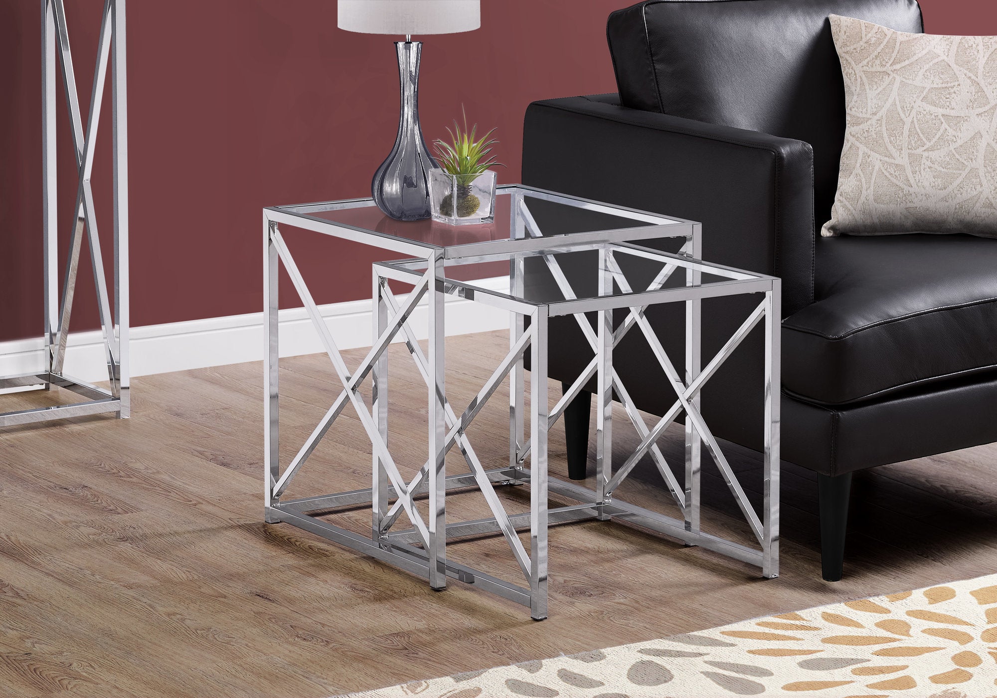 MN-633441    Nesting Table, Set Of 2, Side, End, Tempered Glass, Accent, Living Room, Bedroom, Metal Base, Tempered Glass, Chrome, Clear, Contemporary, Modern