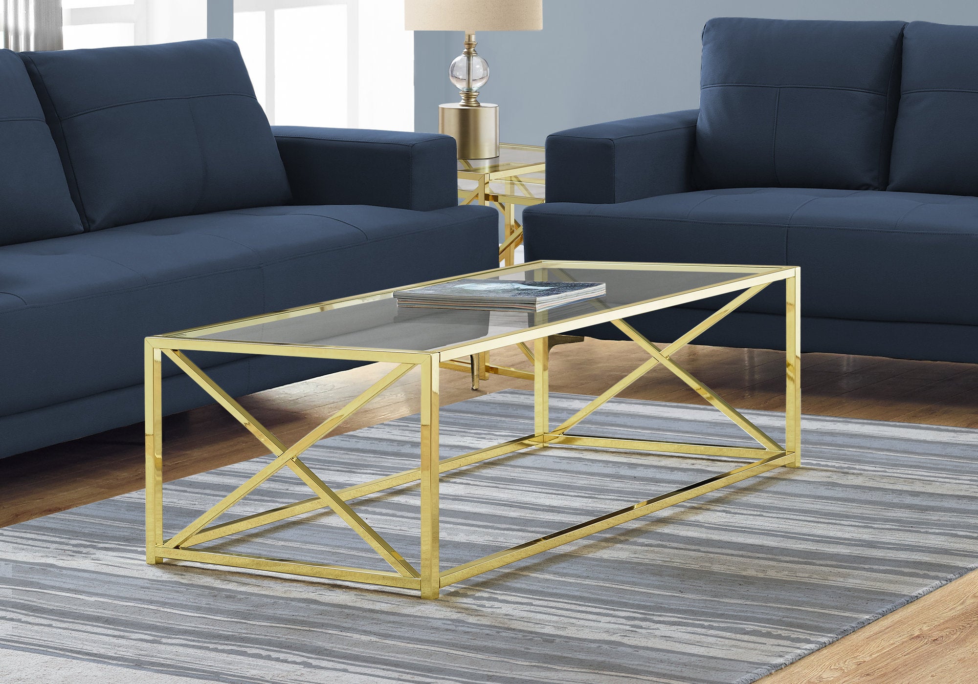 MN-653444    Coffee Table, Accent, Cocktail, Rectangular, Living Room, Metal Frame, Tempered Glass, Gold, Contemporary, Modern
