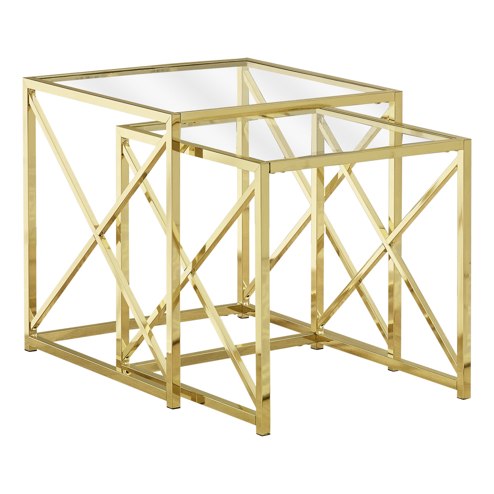 MN-663445    Nesting Table, Set Of 2, Side, End, Tempered Glass, Accent, Living Room, Bedroom, Metal Base, Tempered Glass, Clear, Gold, Contemporary, Modern