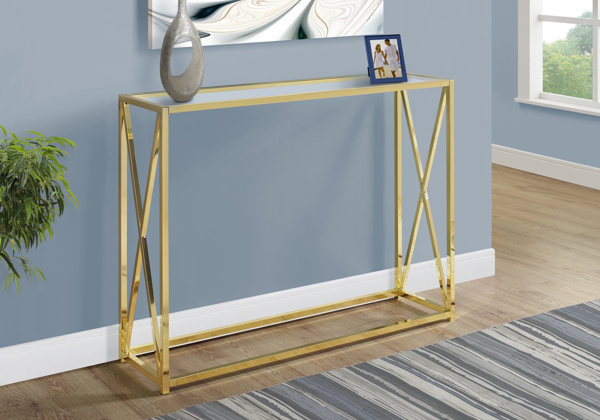MN-673446    Accent Table, Console, Entryway, Narrow, Sofa, Living Room, Bedroom, Metal Frame, Tempered Glass, Gold, Clear, Contemporary, Modern