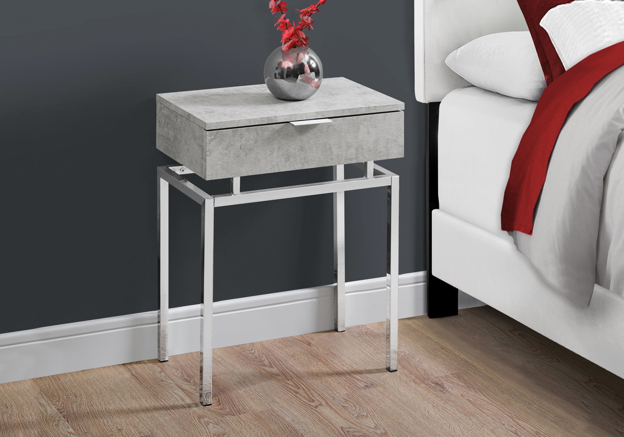 MN-753461    Accent Table, Side, End, Nightstand, Lamp, Living Room, Bedroom, Metal Legs, Laminate, Grey Cement Look, Chrome, Contemporary, Modern