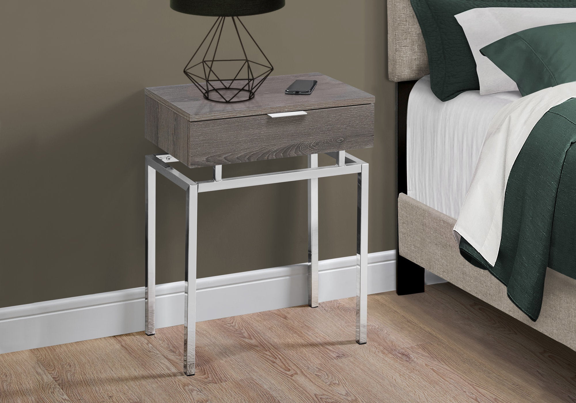 MN-773465    Accent Table, Side, End, Nightstand, Lamp, Living Room, Bedroom, Metal Legs, Laminate, Dark Taupe, Chrome, Contemporary, Modern