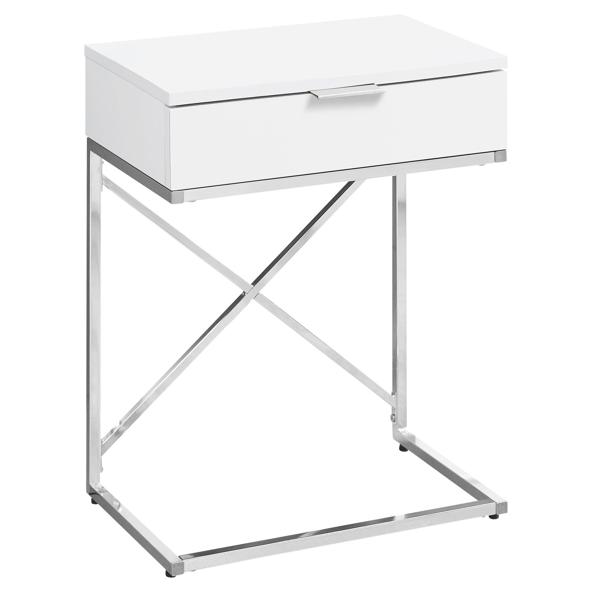 MN-803470    Accent Table, Side, End, Nightstand, Lamp, Living Room, Bedroom, Metal Legs, Laminate, Glossy White, Chrome, Contemporary, Modern
