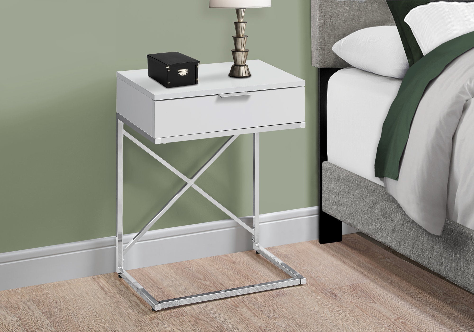 MN-803470    Accent Table, Side, End, Nightstand, Lamp, Living Room, Bedroom, Metal Legs, Laminate, Glossy White, Chrome, Contemporary, Modern