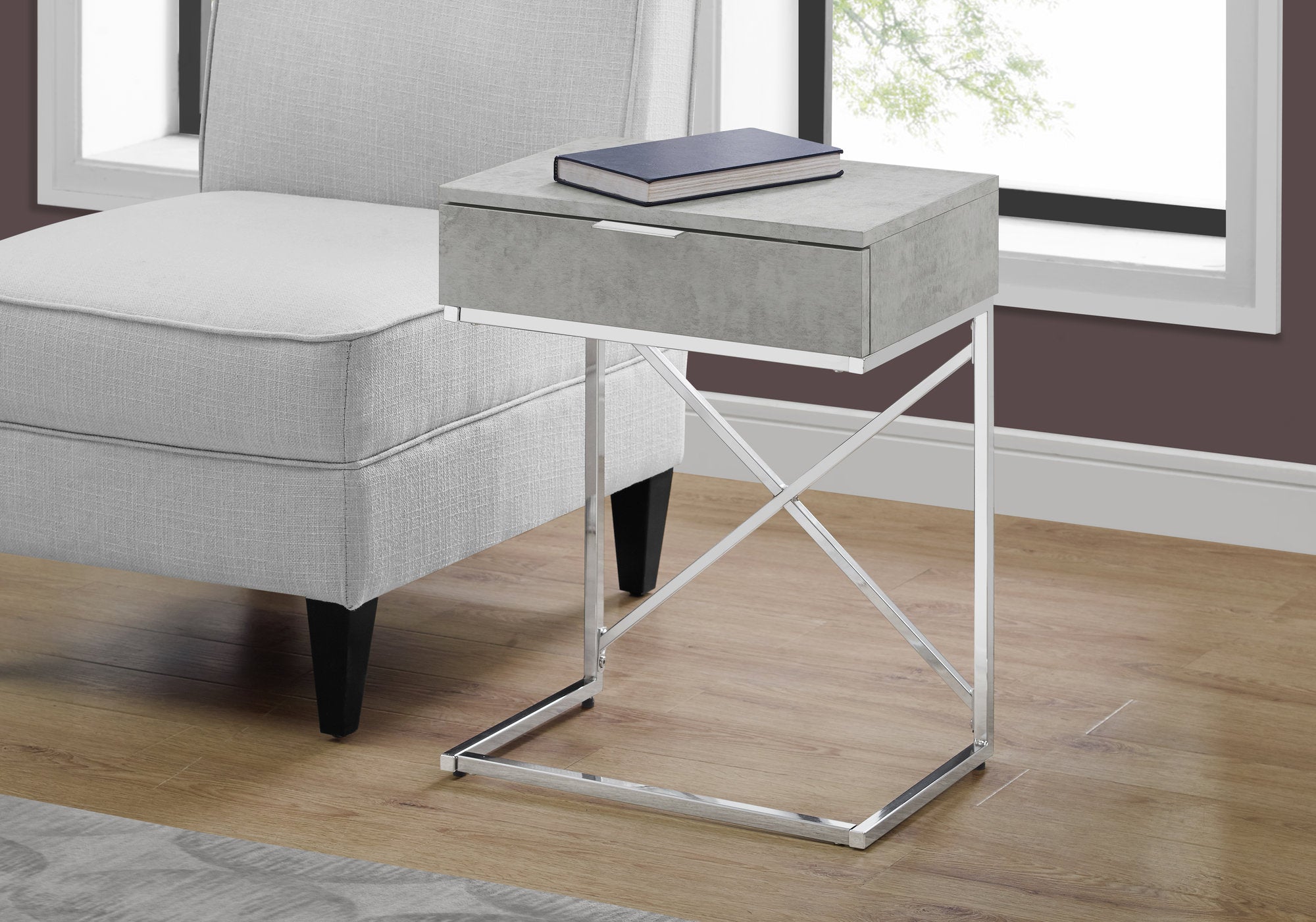 MN-813471    Accent Table, Side, End, Nightstand, Lamp, Living Room, Bedroom, Metal Legs, Laminate, Grey Cement Look, Chrome, Contemporary, Modern