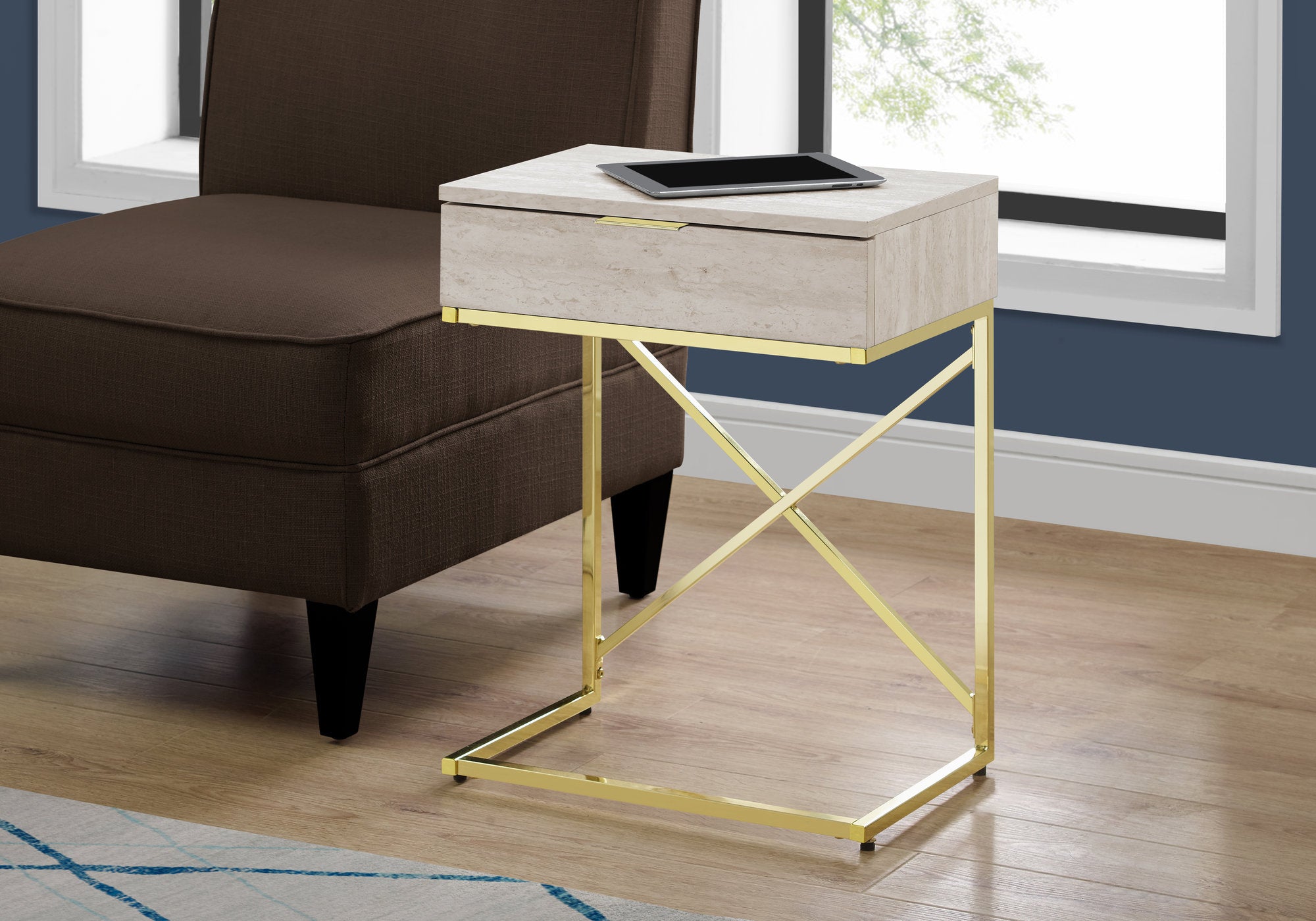 MN-823473    Accent Table, Side, End, Nightstand, Lamp, Living Room, Bedroom, Metal Legs, Laminate, Beige Marble, Gold, Contemporary, Modern