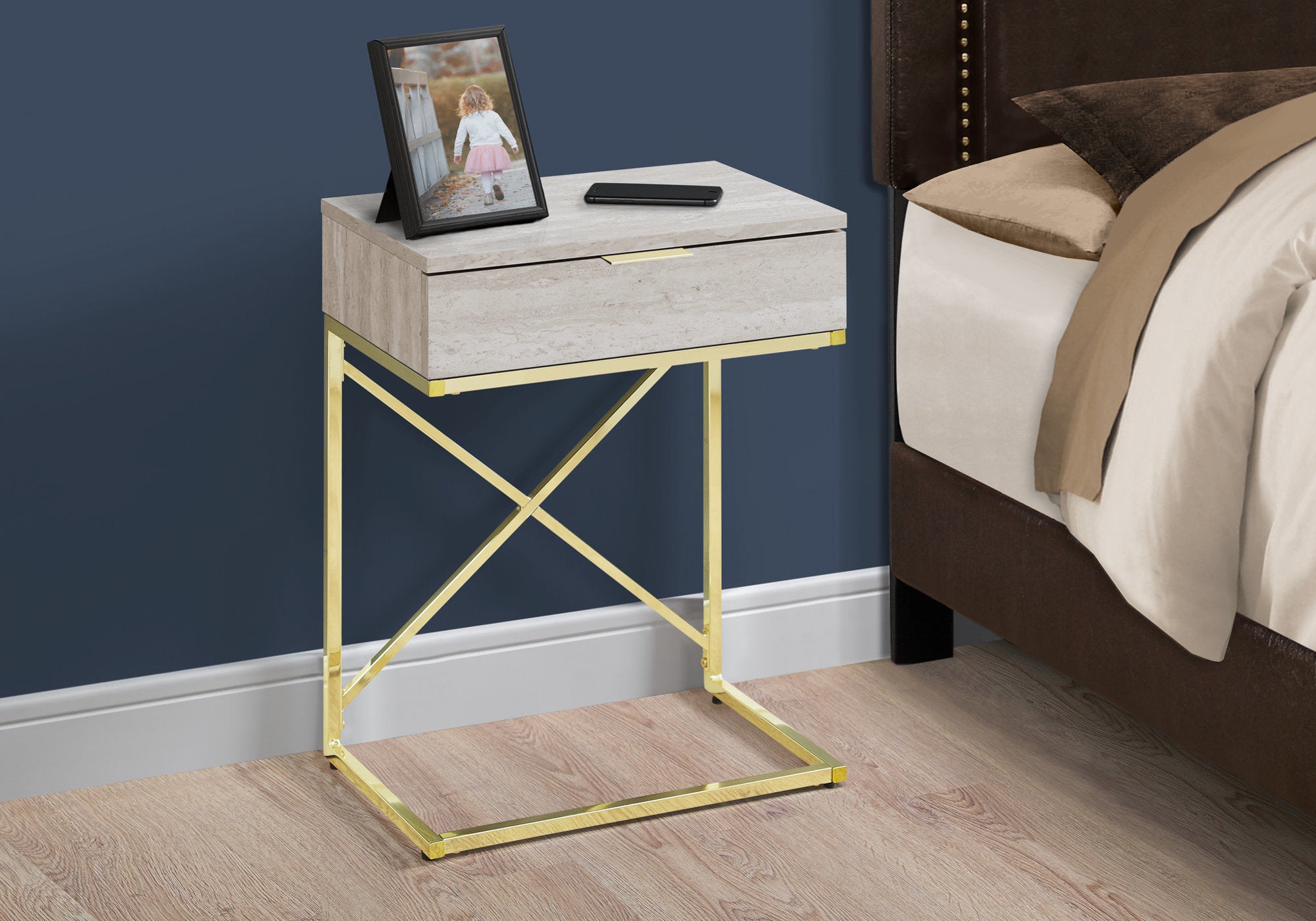 MN-823473    Accent Table, Side, End, Nightstand, Lamp, Living Room, Bedroom, Metal Legs, Laminate, Beige Marble, Gold, Contemporary, Modern