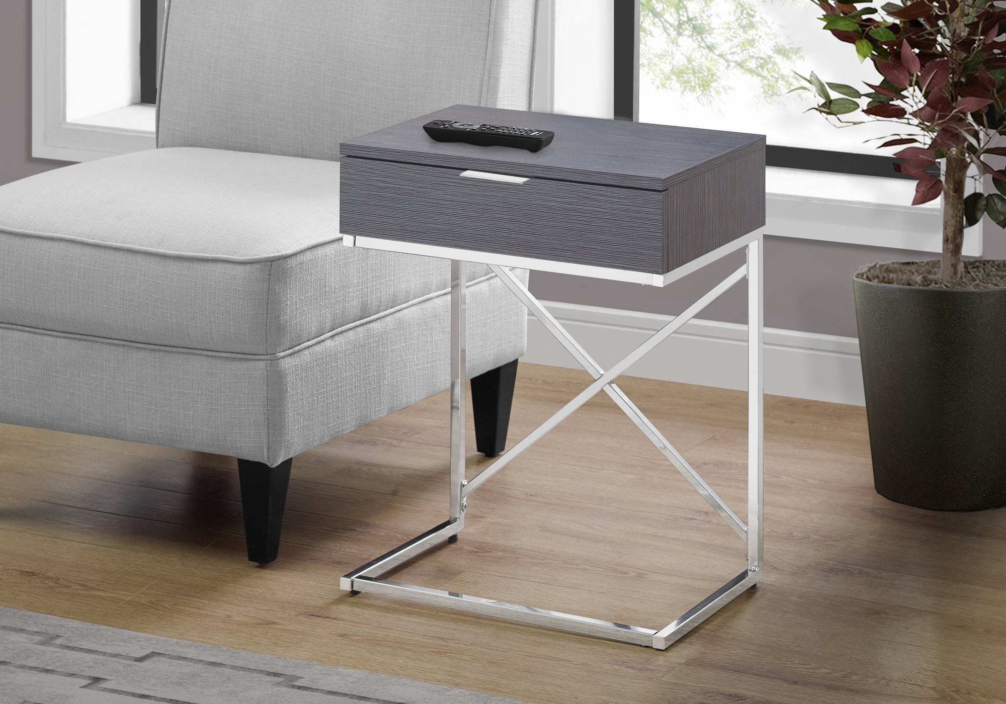 MN-833474    Accent Table, Side, End, Nightstand, Lamp, Living Room, Bedroom, Metal Legs, Laminate, Grey, Chrome, Contemporary, Modern