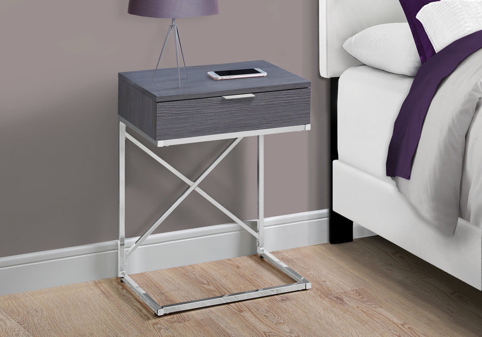 MN-833474    Accent Table, Side, End, Nightstand, Lamp, Living Room, Bedroom, Metal Legs, Laminate, Grey, Chrome, Contemporary, Modern
