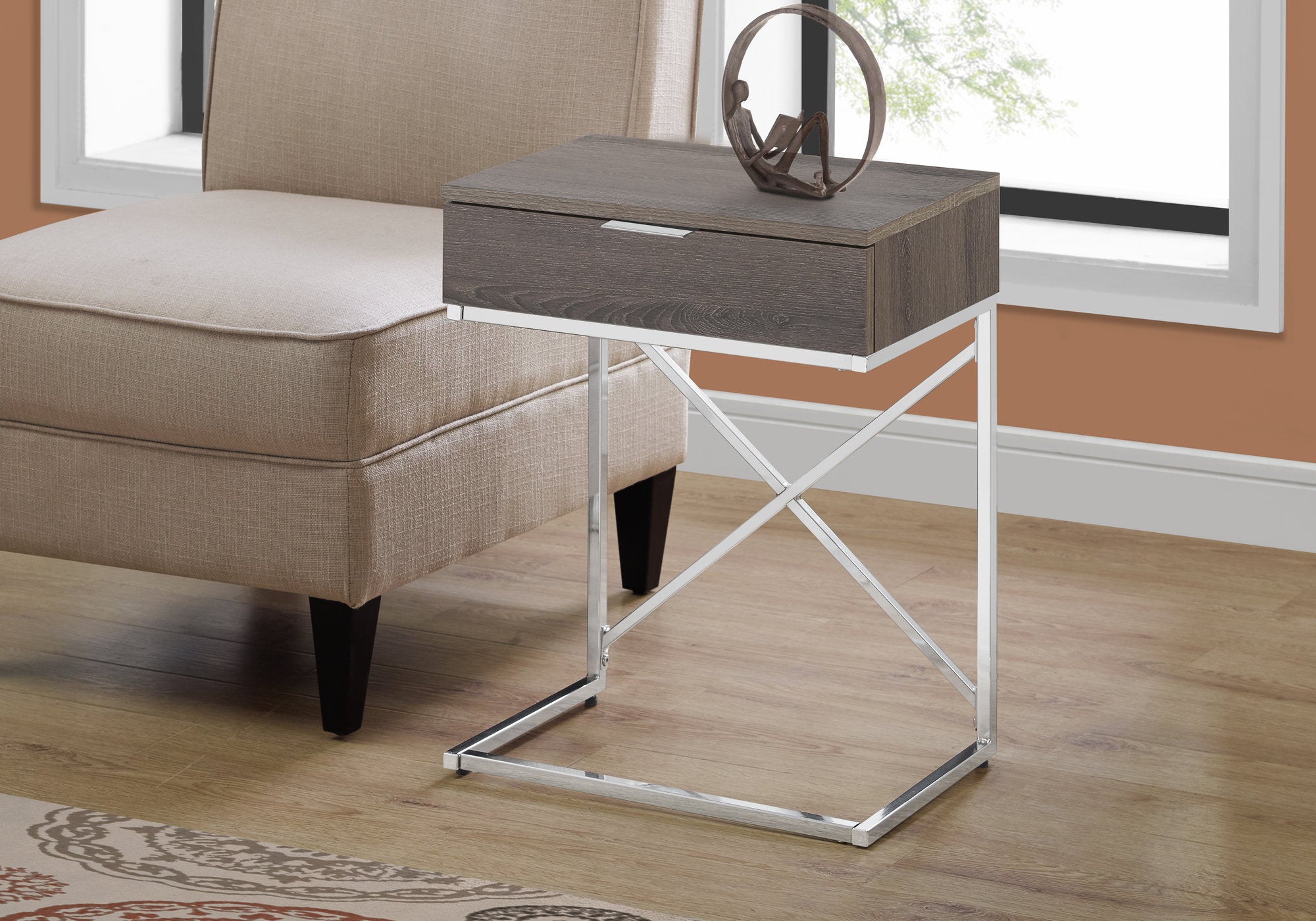 MN-843475    Accent Table, Side, End, Nightstand, Lamp, Living Room, Bedroom, Metal Legs, Laminate, Dark Taupe, Chrome, Contemporary, Modern
