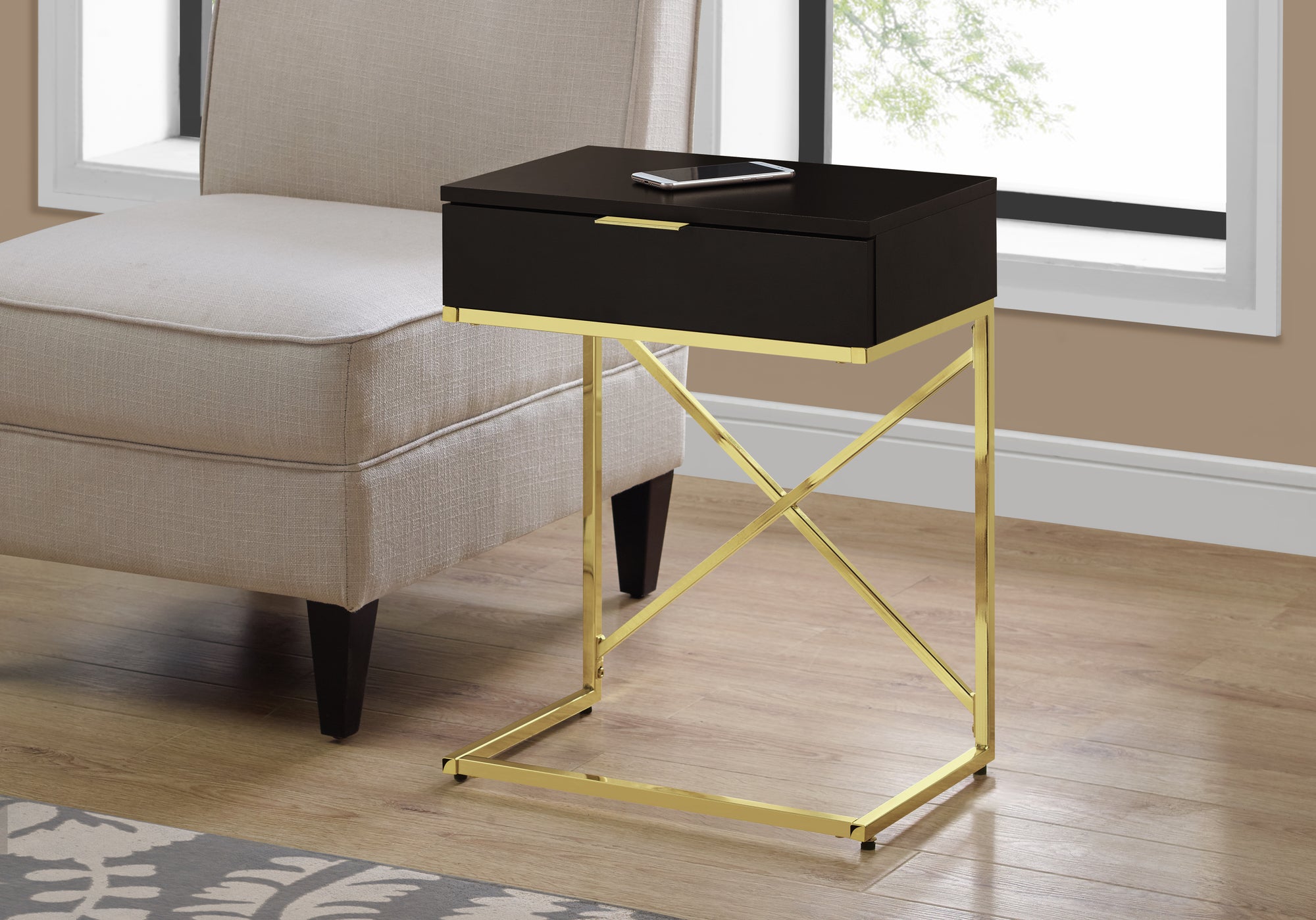 MN-853476    Accent Table, Side, End, Nightstand, Lamp, Living Room, Bedroom, Metal Legs, Laminate, Dark Brown, Gold, Contemporary, Modern