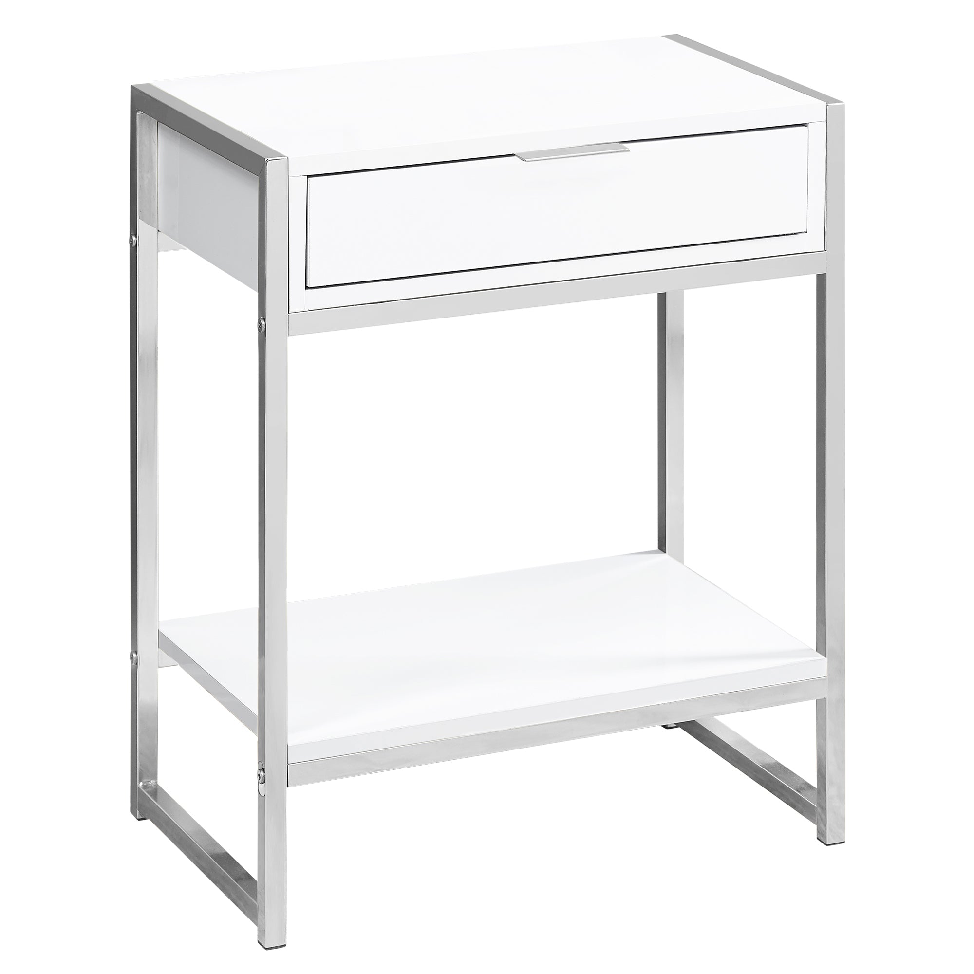 MN-883480    Accent Table, Side, End, Nightstand, Lamp, Living Room, Bedroom, Metal Legs, Laminate, Glossy White, Chrome, Contemporary, Modern