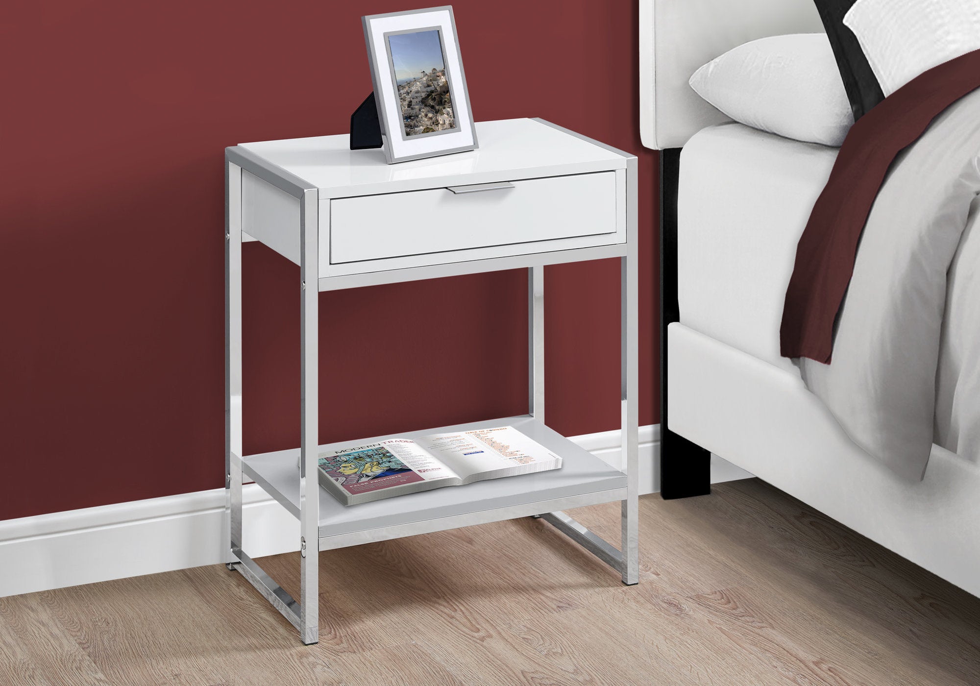 MN-883480    Accent Table, Side, End, Nightstand, Lamp, Living Room, Bedroom, Metal Legs, Laminate, Glossy White, Chrome, Contemporary, Modern