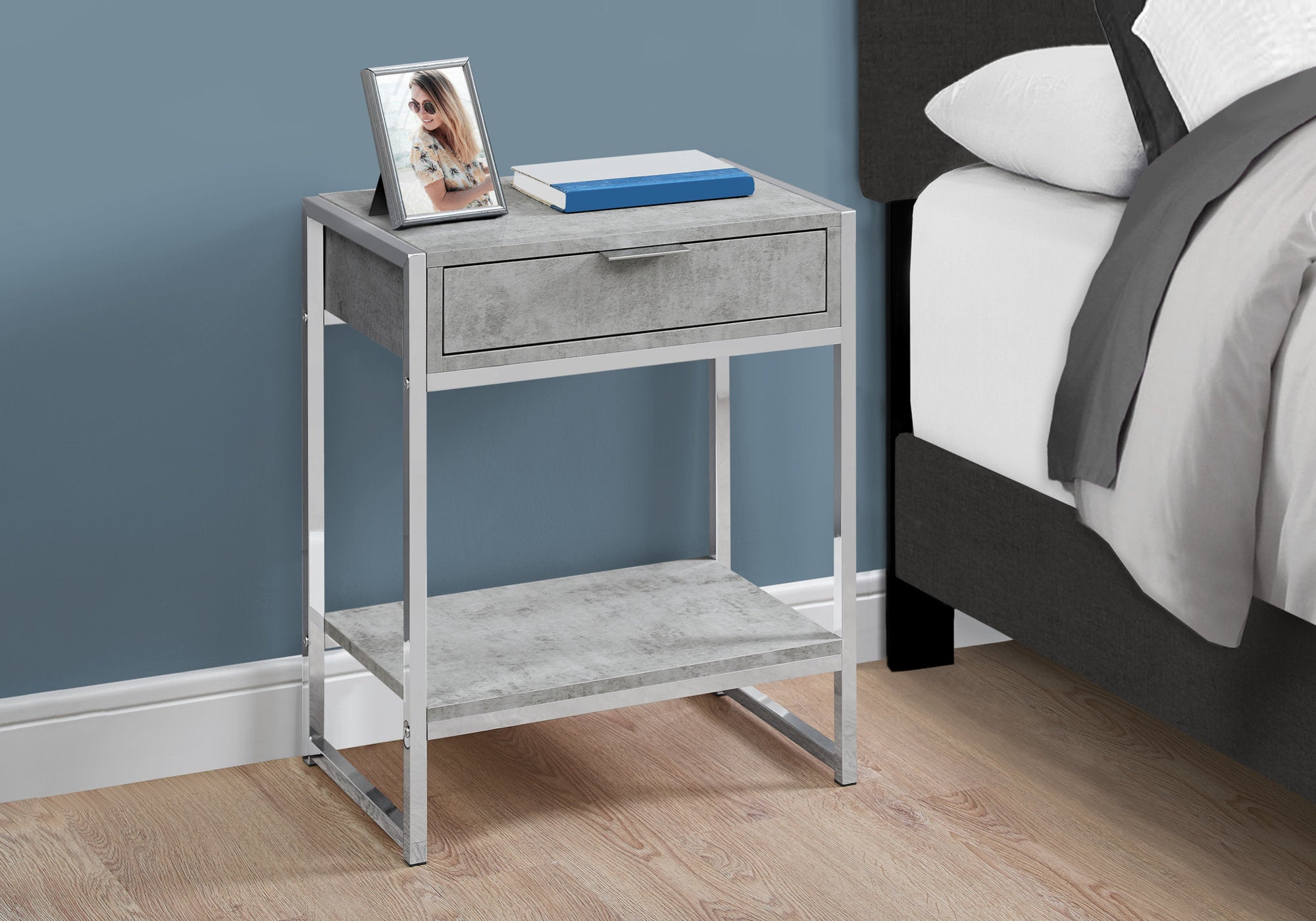 MN-893481    Accent Table, Side, End, Nightstand, Lamp, Living Room, Bedroom, Metal Legs, Laminate, Grey Cement Look, Chrome, Contemporary, Modern