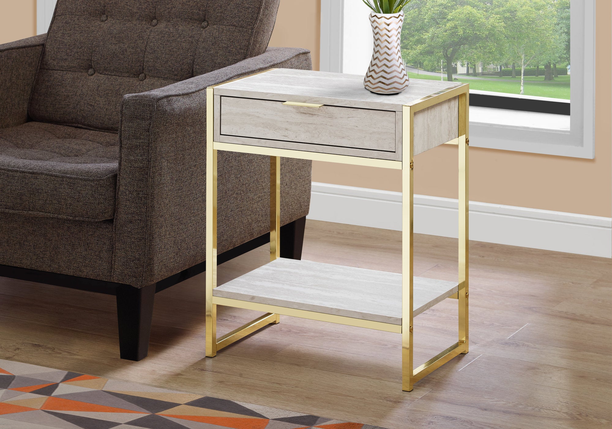 MN-903483    Accent Table, Side, End, Nightstand, Lamp, Living Room, Bedroom, Metal Legs, Laminate, Beige Marble, Gold, Contemporary, Modern