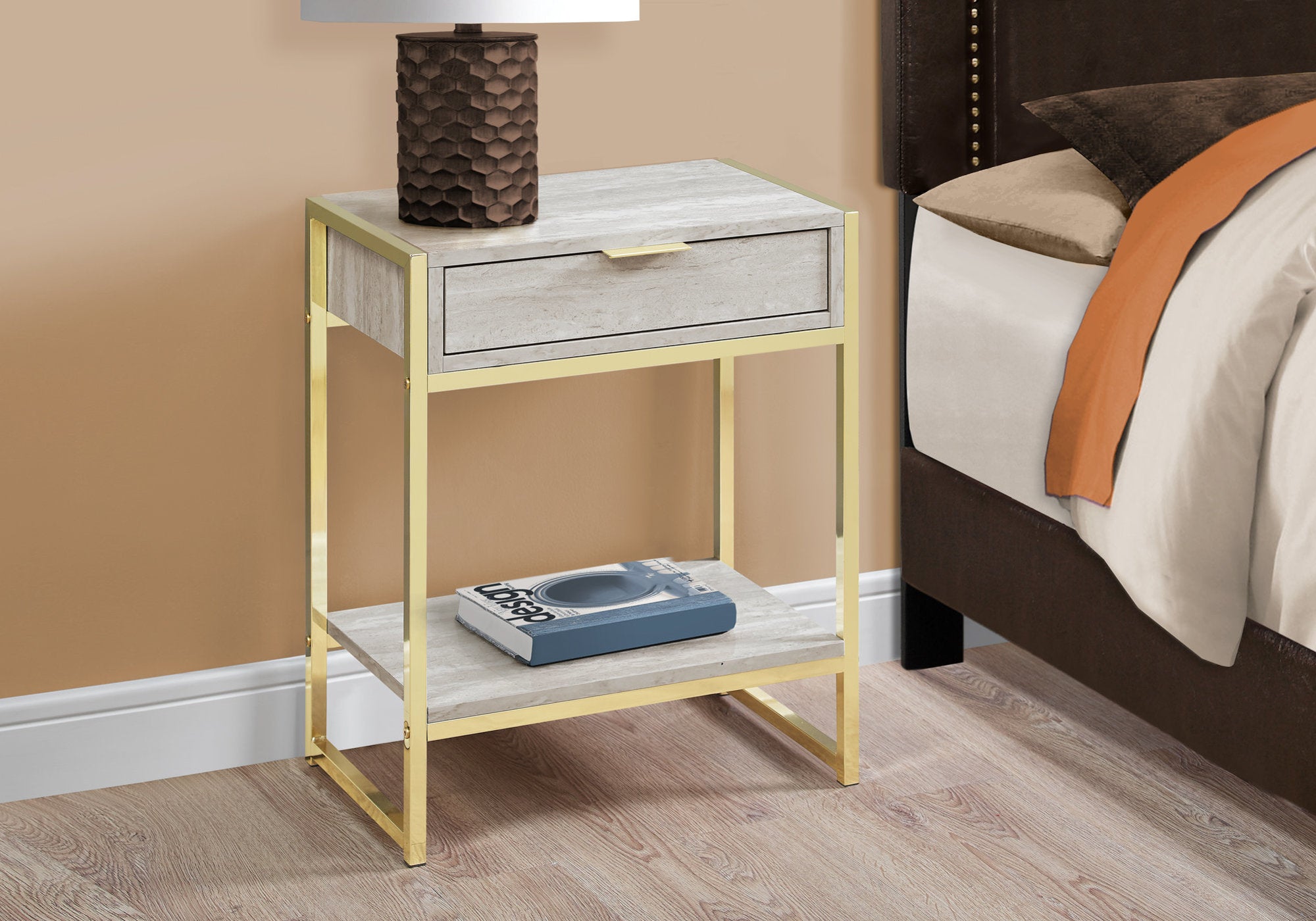 MN-903483    Accent Table, Side, End, Nightstand, Lamp, Living Room, Bedroom, Metal Legs, Laminate, Beige Marble, Gold, Contemporary, Modern