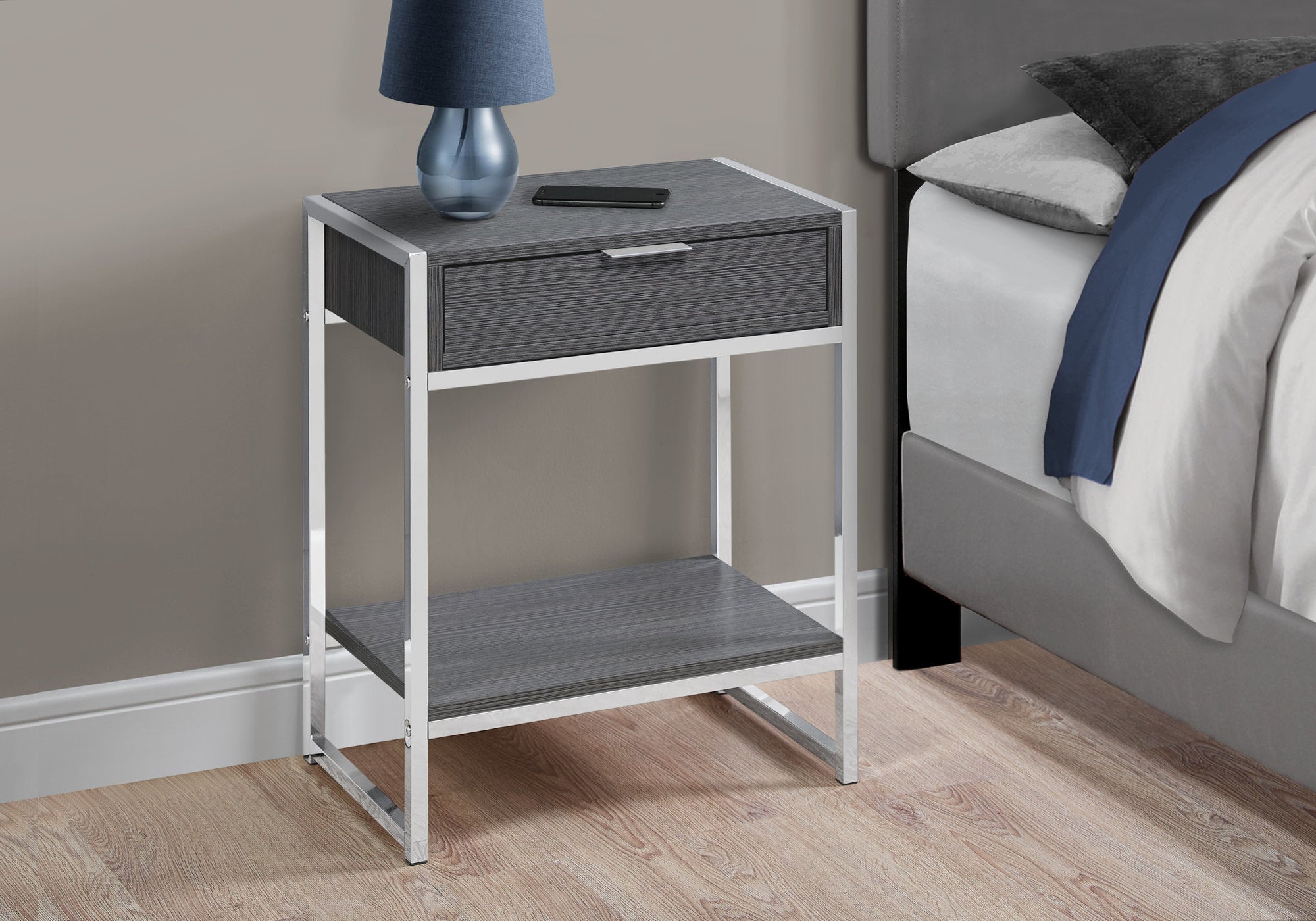 MN-913484    Accent Table, Side, End, Nightstand, Lamp, Living Room, Bedroom, Metal Legs, Laminate, Grey, Chrome, Contemporary, Modern