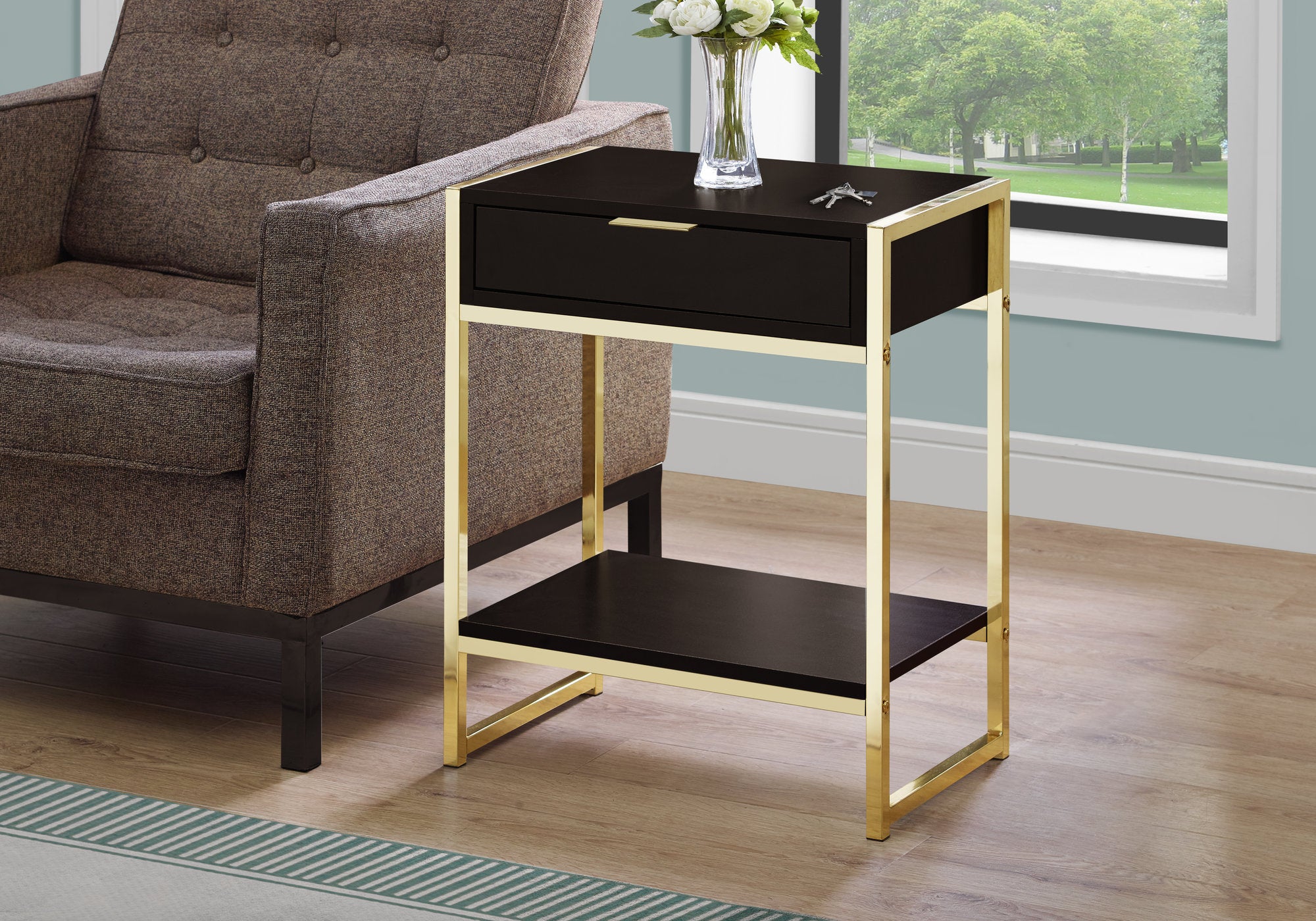 MN-923486    Accent Table, Side, End, Nightstand, Lamp, Living Room, Bedroom, Metal Legs, Laminate, Dark Brown, Gold, Contemporary, Modern