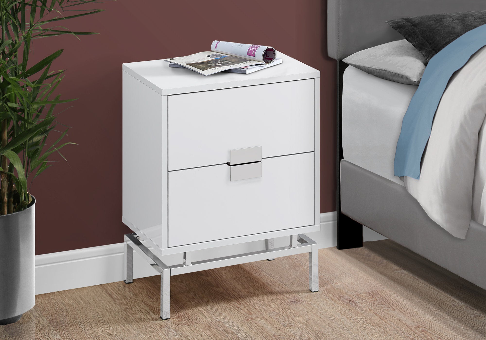 MN-933490    Accent Table, Side, End, Nightstand, Lamp, Living Room, Bedroom, Metal Legs, Laminate, Glossy White, Chrome, Contemporary, Modern