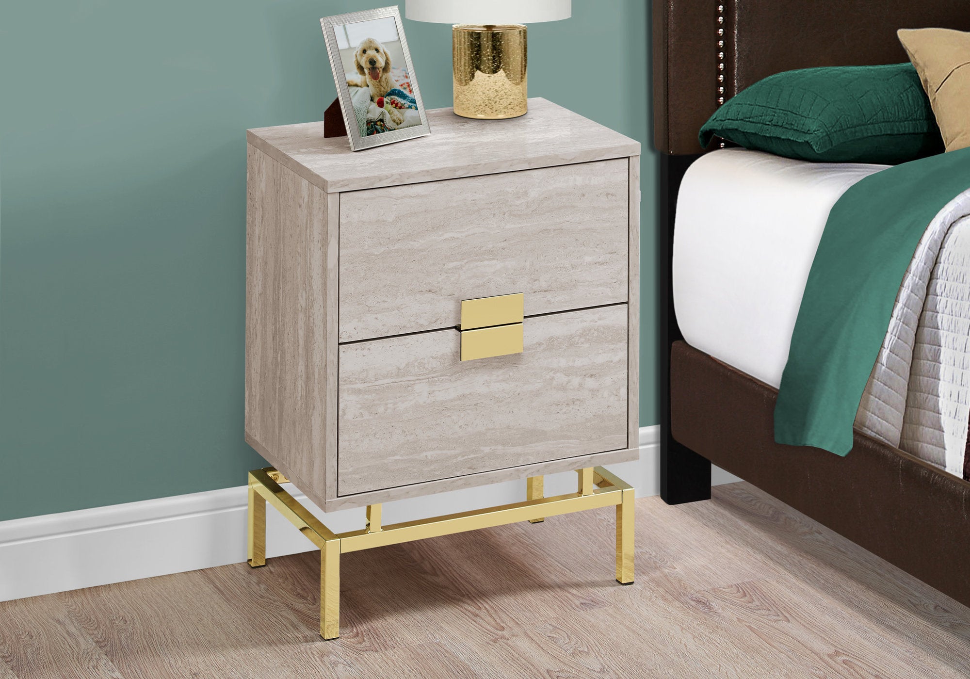 MN-953493    Accent Table, Side, End, Nightstand, Lamp, Living Room, Bedroom, Metal Legs, Laminate, Beige Marble, Gold, Contemporary, Modern