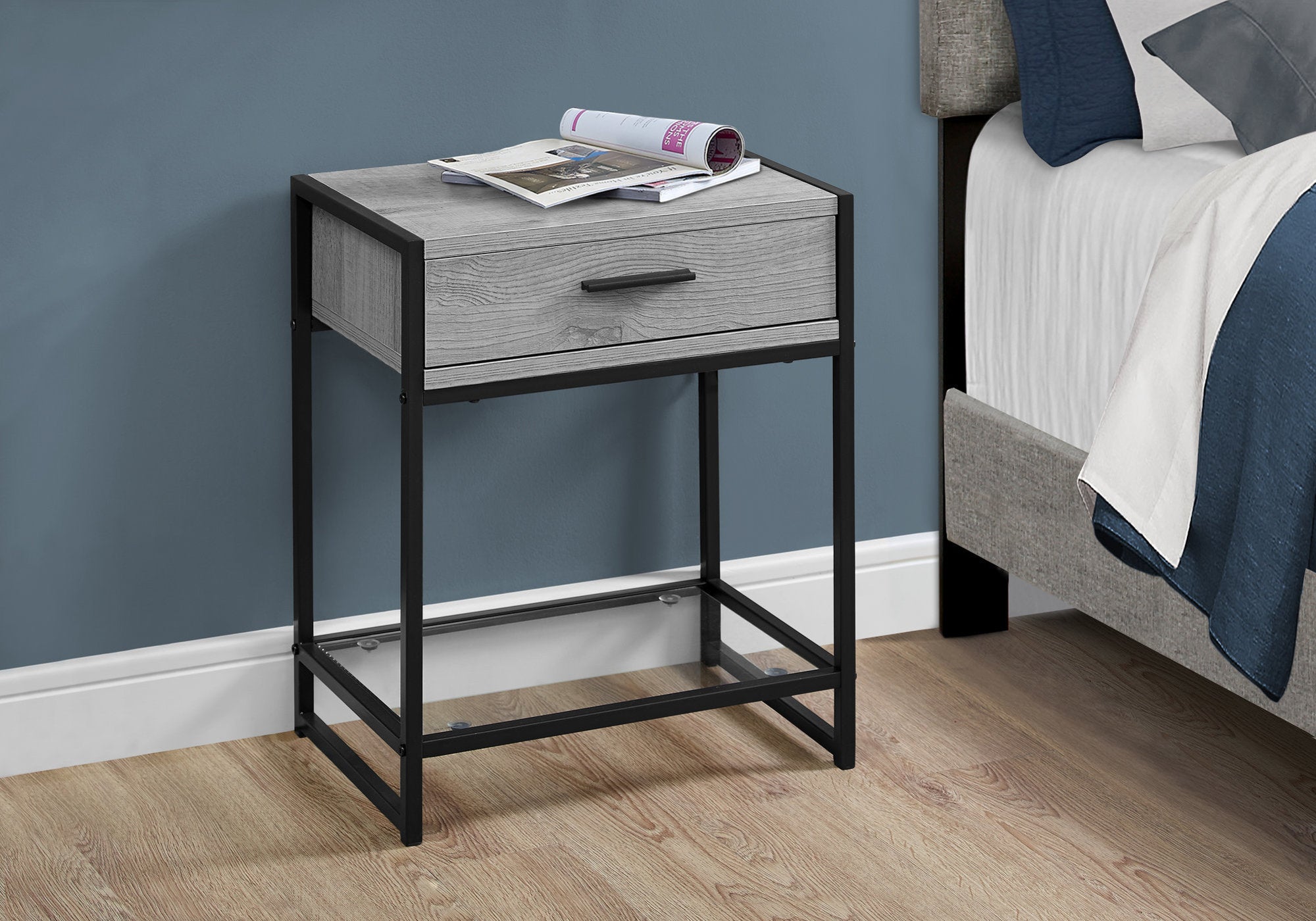 MN-973500    Accent Table, Side, End, Nightstand, Lamp, Living Room, Bedroom, Metal Legs, Tempered Glass And Laminate, Grey, Black, Contemporary, Modern