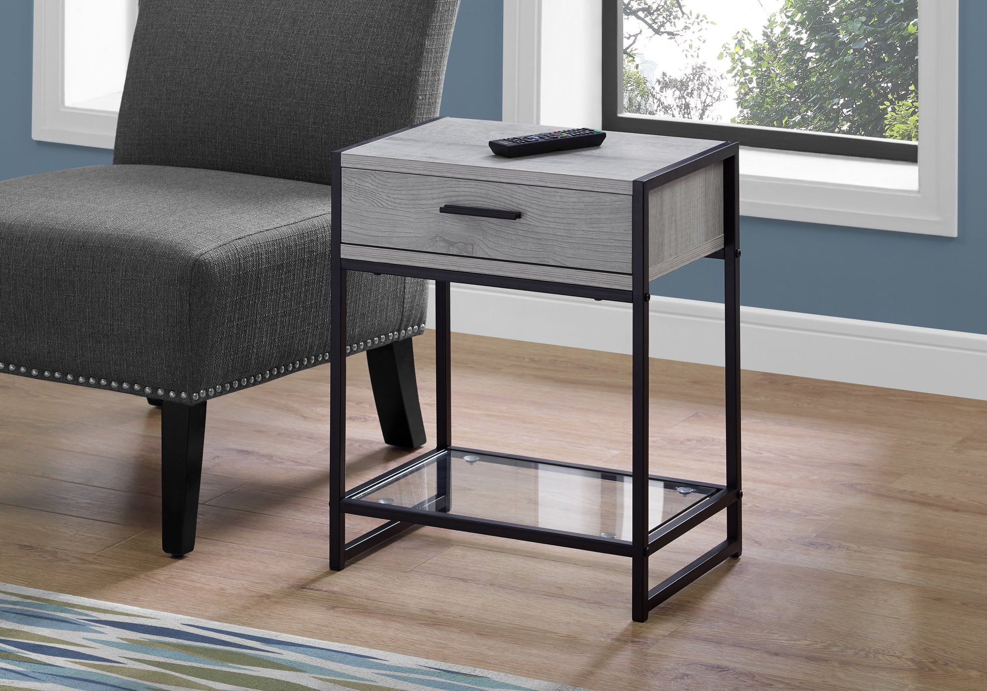MN-973500    Accent Table, Side, End, Nightstand, Lamp, Living Room, Bedroom, Metal Legs, Tempered Glass And Laminate, Grey, Black, Contemporary, Modern