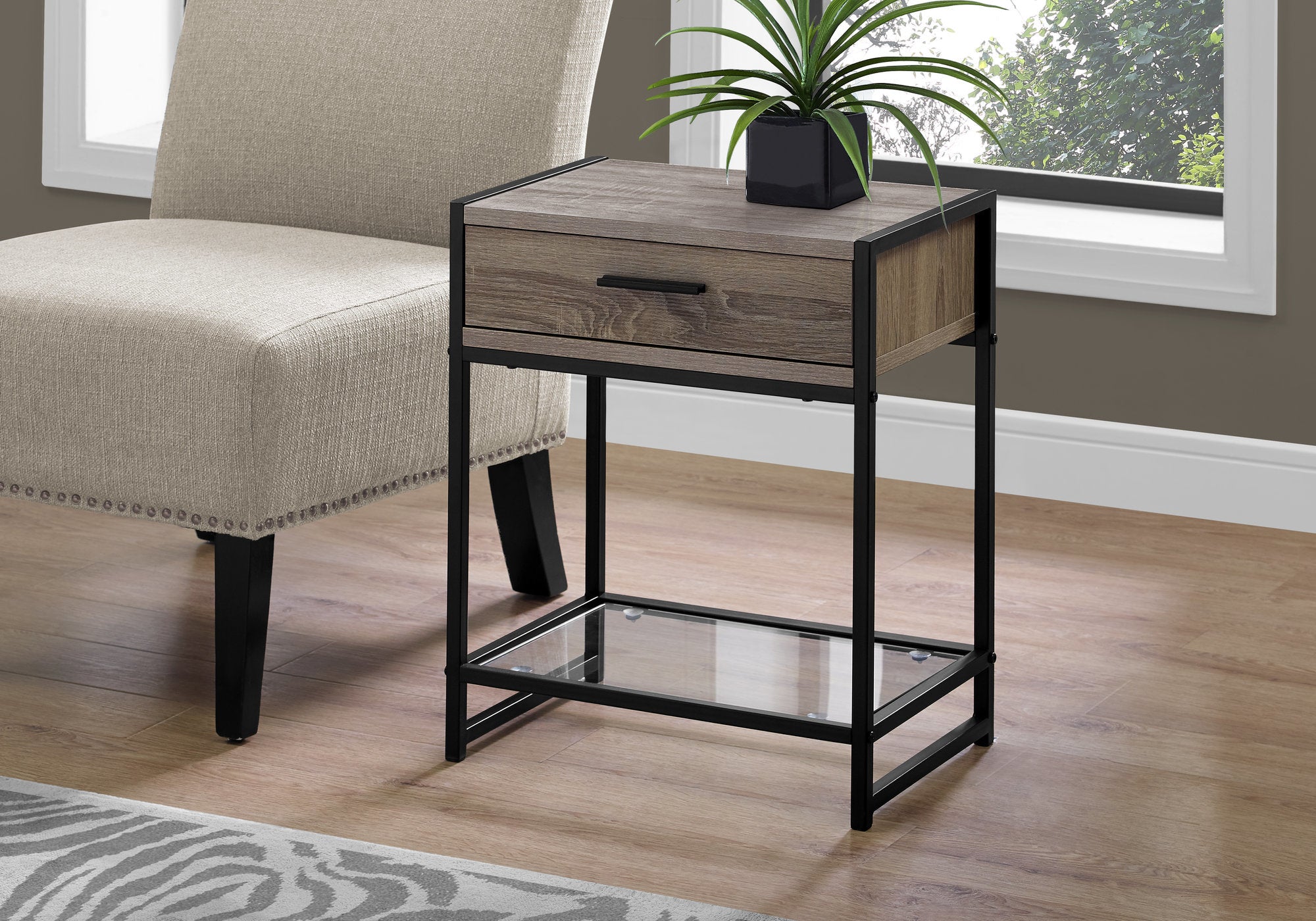 MN-983501    Accent Table, Side, End, Nightstand, Lamp, Living Room, Bedroom, Metal Legs, Tempered Glass And Laminate, Dark Taupe, Black, Contemporary, Modern