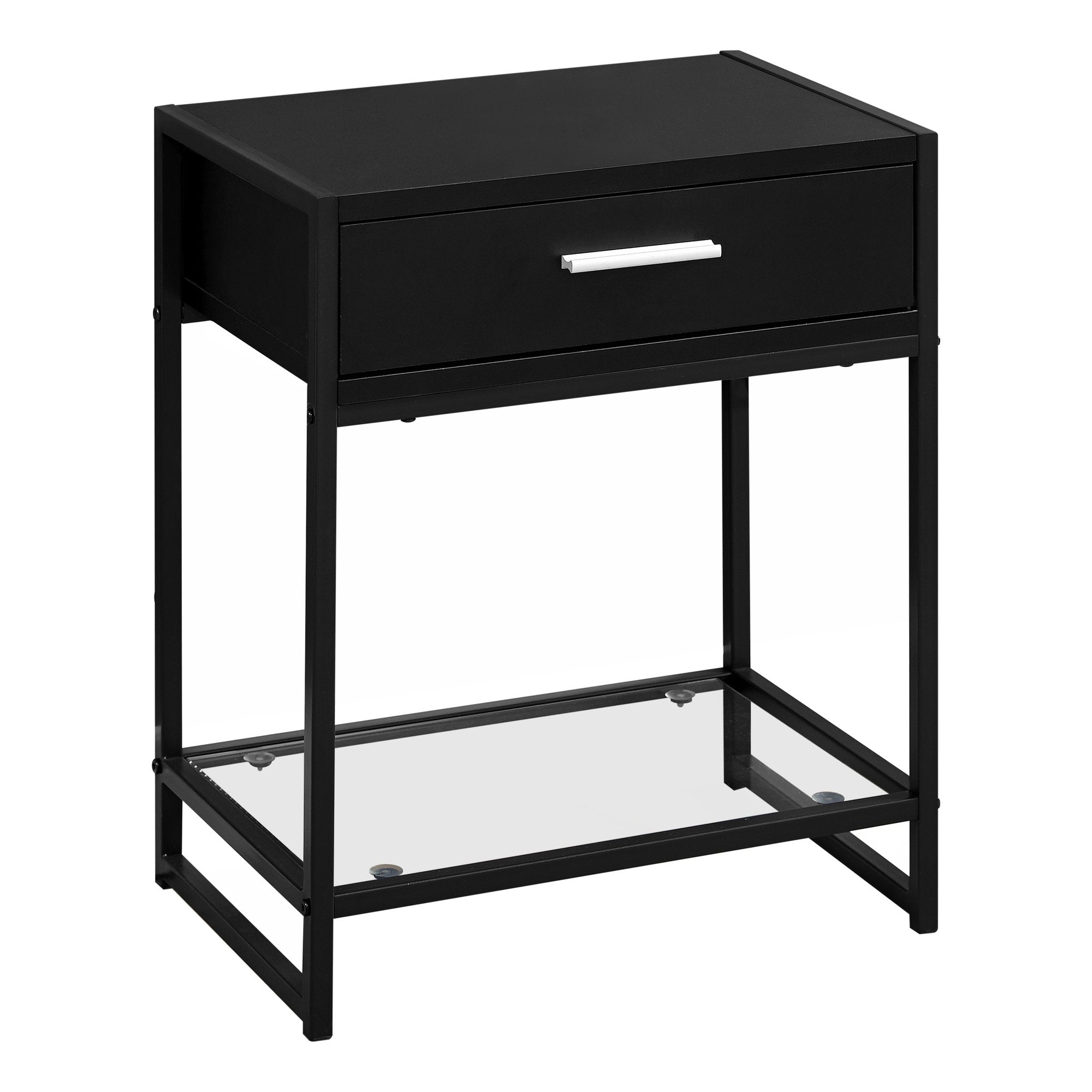 MN-993502    Accent Table, Side, End, Nightstand, Lamp, Living Room, Bedroom, Metal Legs, Tempered Glass And Laminate, Black, Clear, Contemporary, Modern
