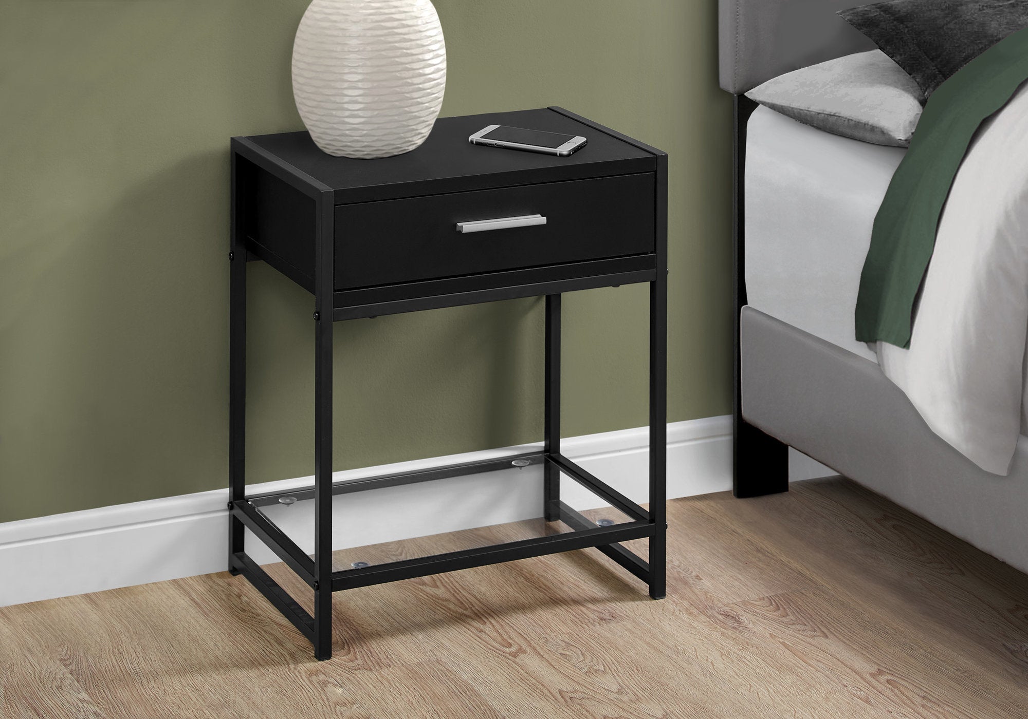 MN-993502    Accent Table, Side, End, Nightstand, Lamp, Living Room, Bedroom, Metal Legs, Tempered Glass And Laminate, Black, Clear, Contemporary, Modern