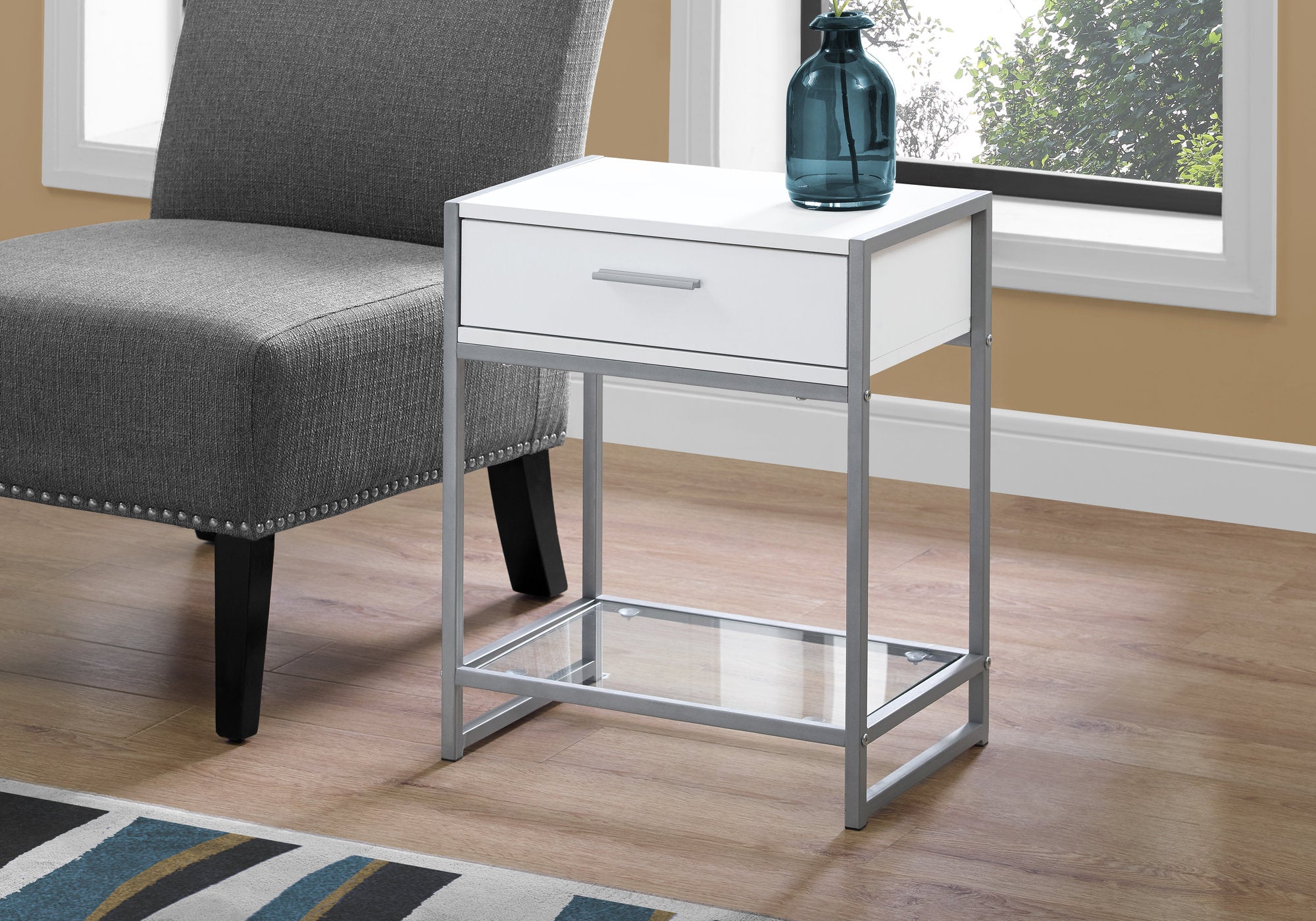 MN-103503    Accent Table, Side, End, Nightstand, Lamp, Living Room, Bedroom, Metal Legs, Tempered Glass And Laminate, White, Grey, Contemporary, Modern