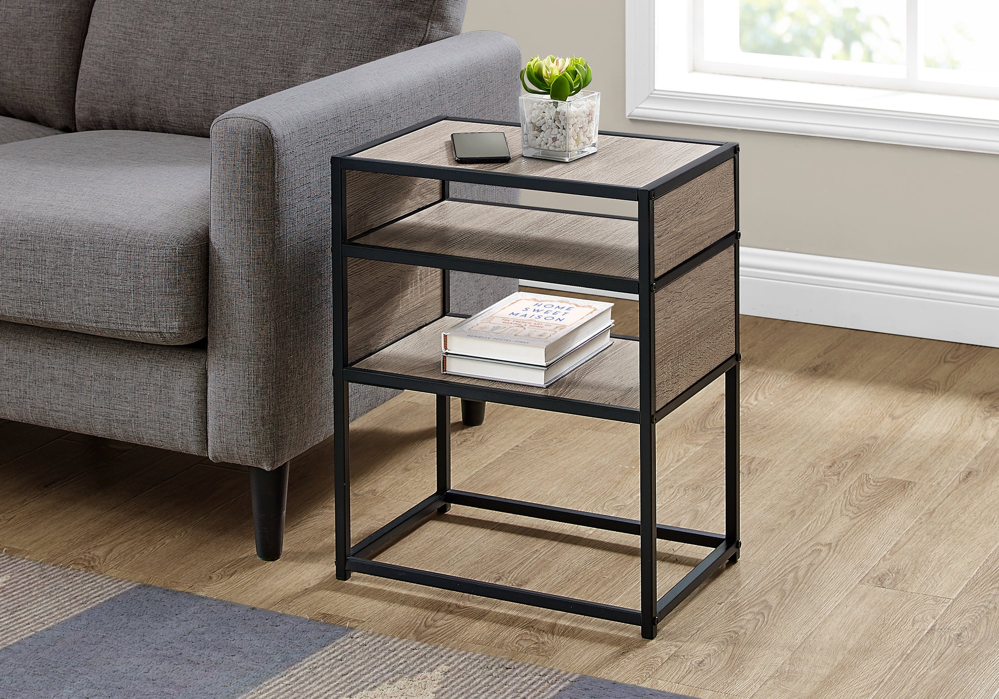 MN-133507    Accent Table, Side, End, Nightstand, Lamp, Living Room, Bedroom, Metal Frame, Laminate, Dark Taupe, Black, Contemporary, Modern