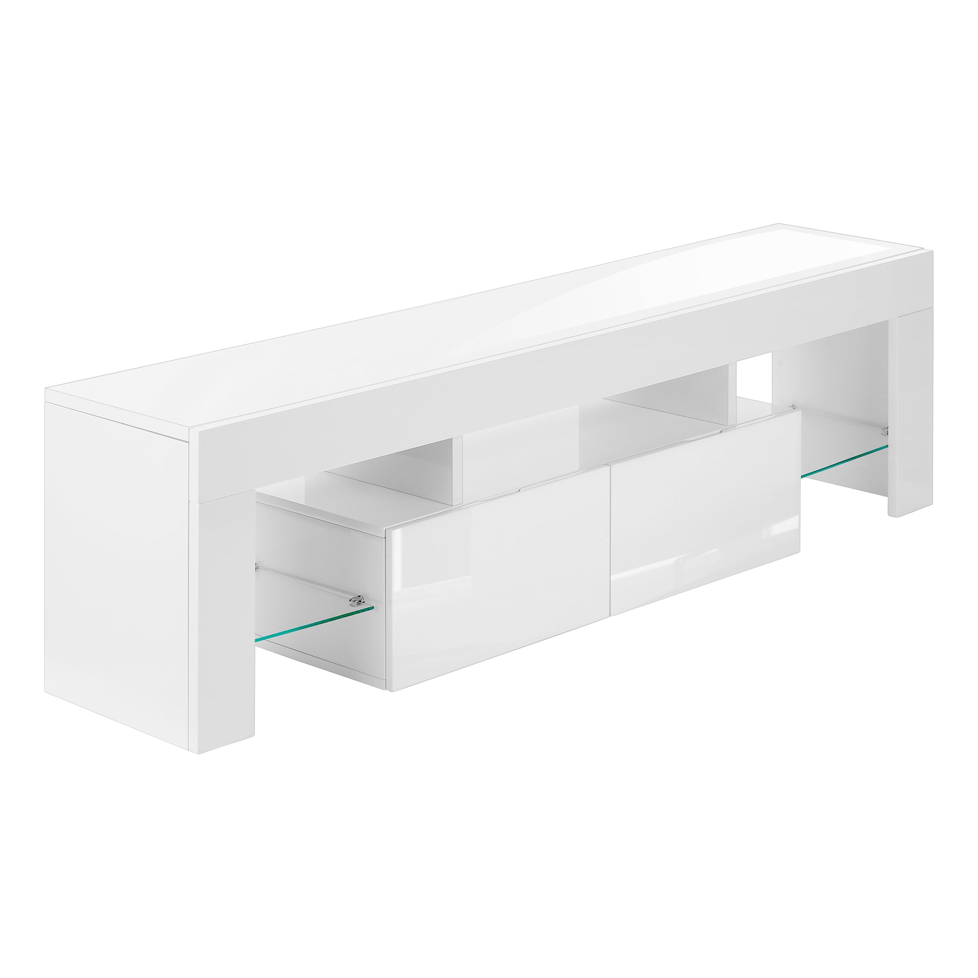 MN-293548    Tv Stand, 63 Inch, Console, Media Entertainment Center, Storage Cabinet, Living Room, Bedroom, Laminate, Glossy White, Glam, Modern