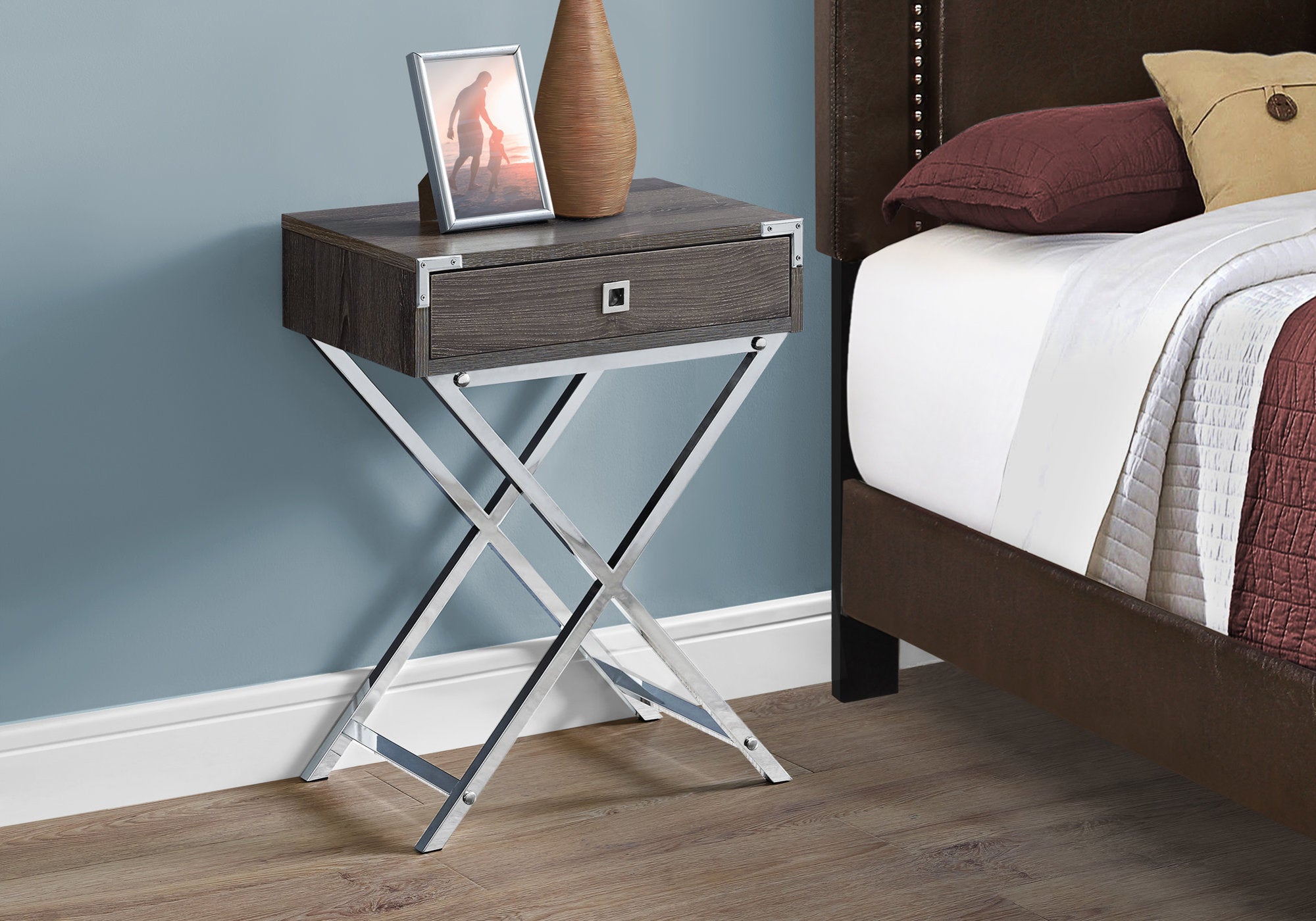 MN-313555    Accent Table, Side, End, Nightstand, Lamp, Living Room, Bedroom, Metal Legs, Laminate, Dark Taupe, Chrome, Contemporary, Modern