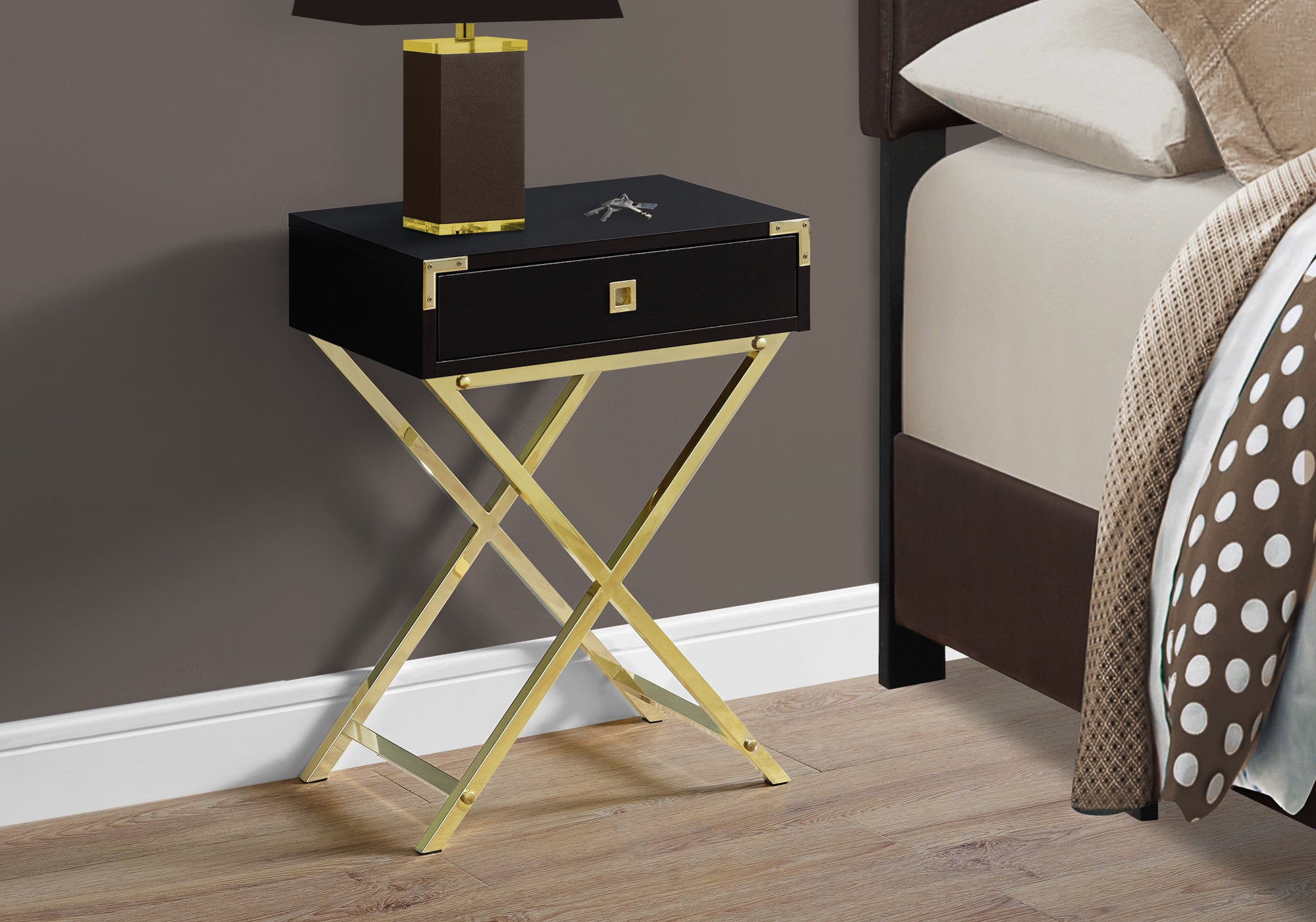 MN-323556    Accent Table, Side, End, Nightstand, Lamp, Living Room, Bedroom, Metal Legs, Laminate, Dark Brown, Gold, Contemporary, Modern