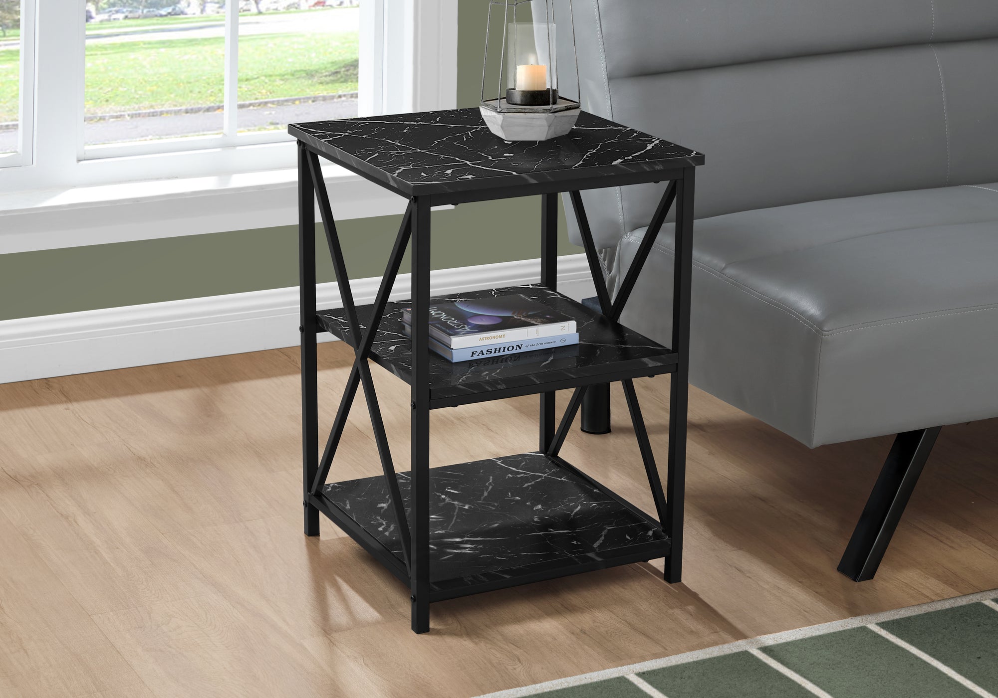 MN-533595    Accent Table, Side, End, Nightstand, Lamp, Living Room, Bedroom, Metal Legs, Laminate, Black Marble-Look, Contemporary, Glam, Modern