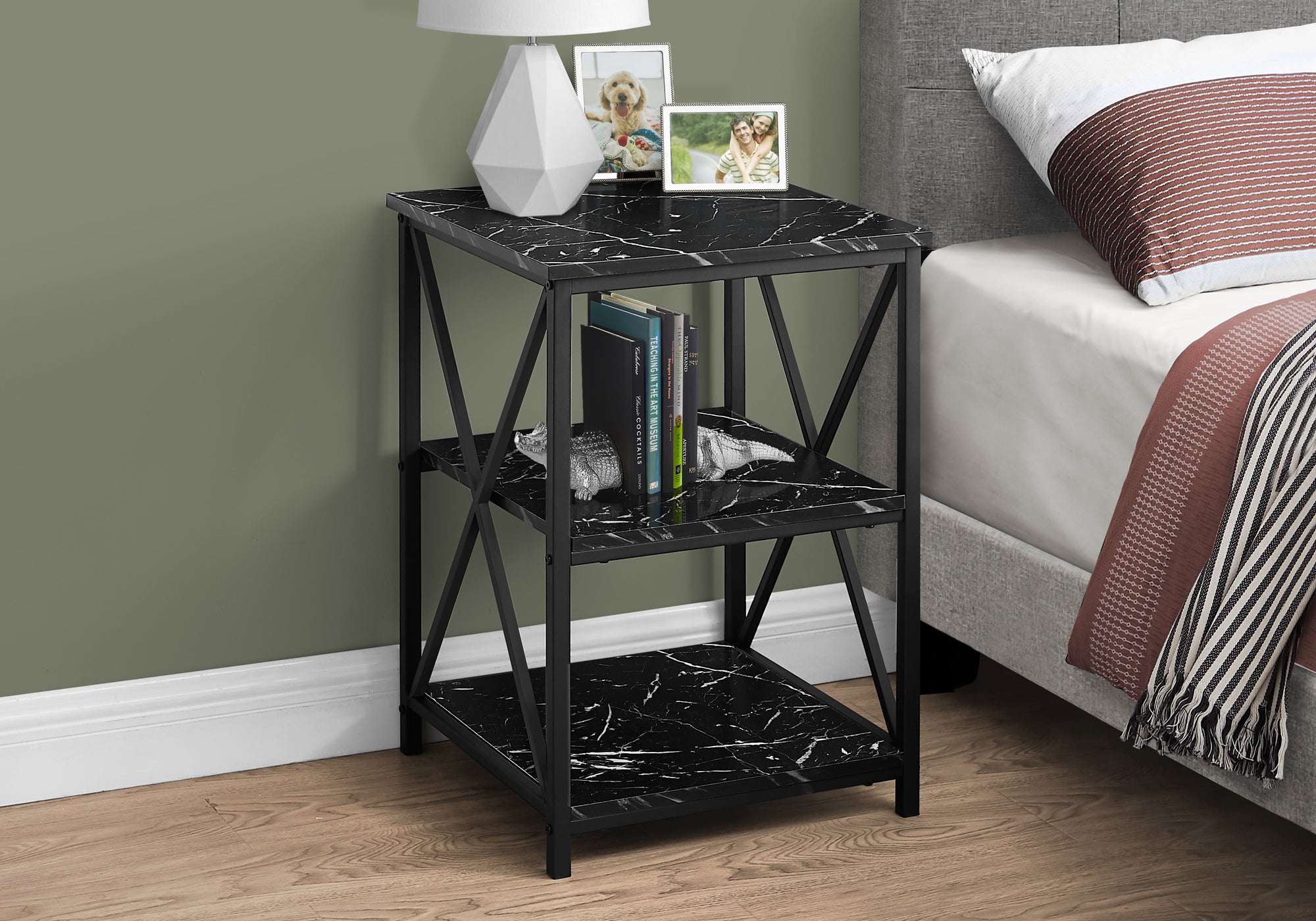 MN-533595    Accent Table, Side, End, Nightstand, Lamp, Living Room, Bedroom, Metal Legs, Laminate, Black Marble-Look, Contemporary, Glam, Modern