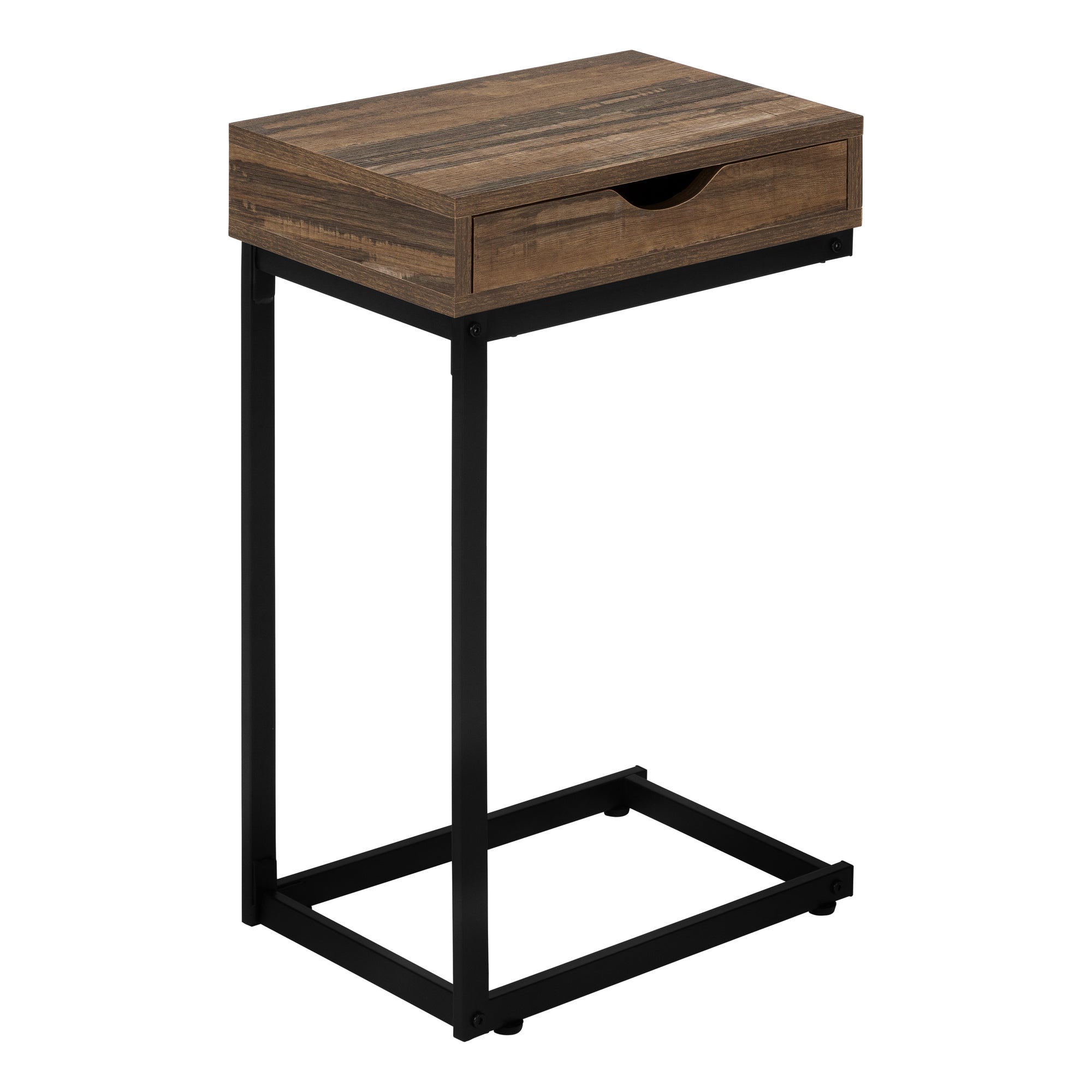 MN-603602    Accent Table, C-Shaped, End, Side, Snack, Living Room, Bedroom, Storage Drawer, Metal Frame, Laminate, Brown Reclaimed Wood Look, Black, Contemporary, Modern