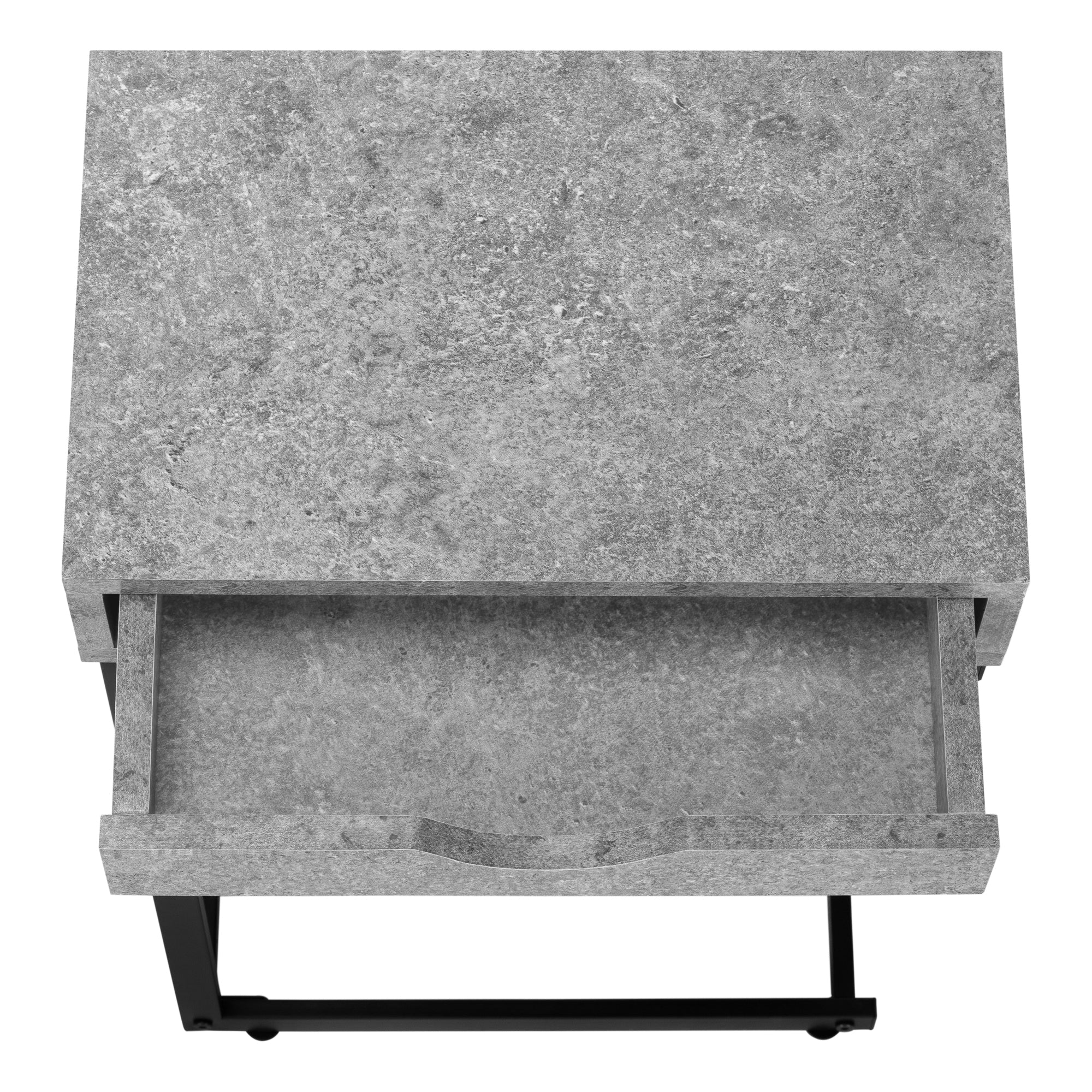 MN-613603    Accent Table, C-Shaped, End, Side, Snack, Living Room, Bedroom, Storage Drawer, Metal Frame, Laminate, Grey Stone Look, Black, Contemporary, Modern
