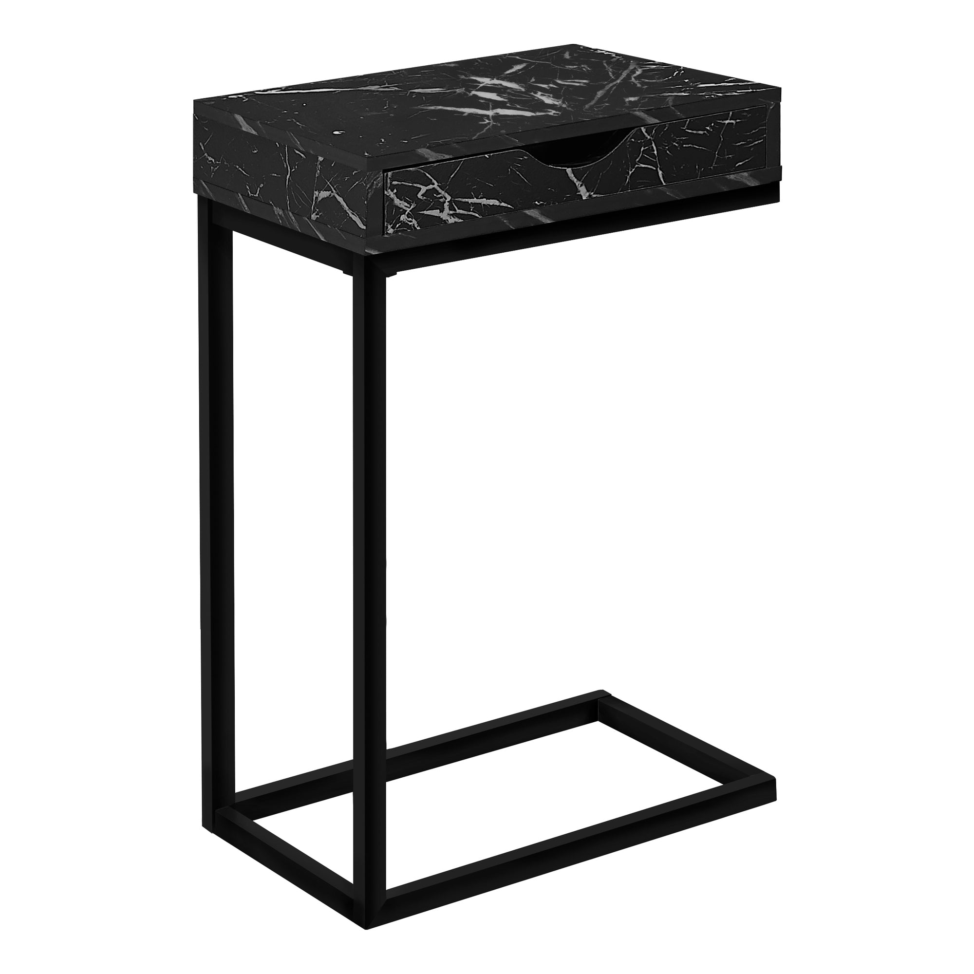 MN-623604    Accent Table, C-Shaped, End, Side, Snack, Living Room, Bedroom, Storage Drawer, Metal Frame, Laminate, Black Marble-Look, Contemporary, Modern