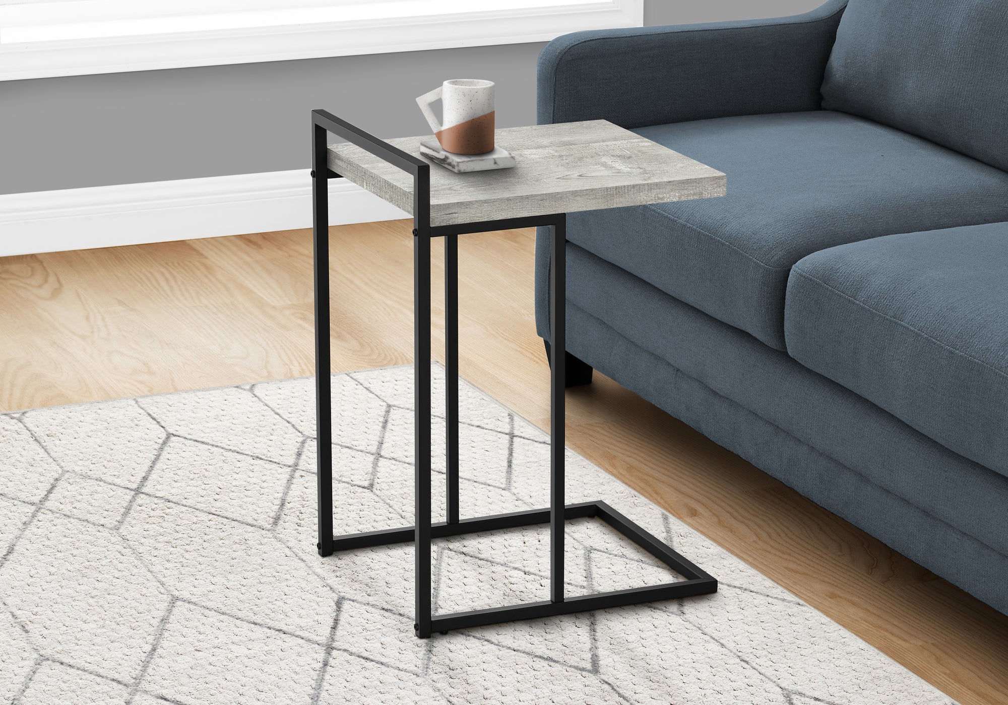 MN-803631    Accent Table, C-Shaped, End, Side, Snack, Living Room, Bedroom, Metal Frame, Laminate, Grey Reclaimed Wood Look, Black, Contemporary, Industrial, Modern