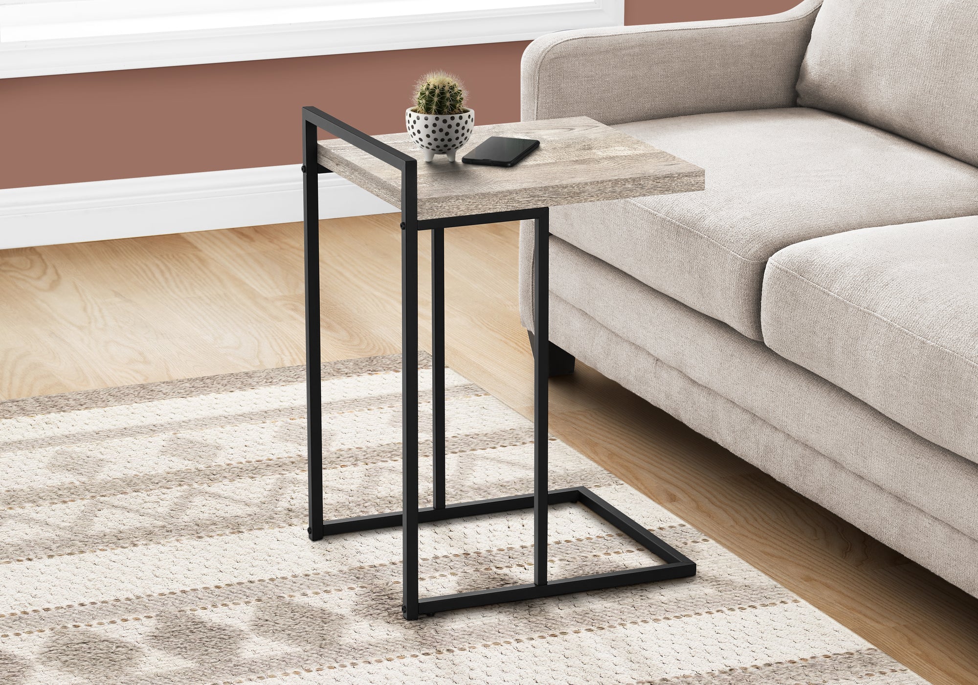 MN-813632    Accent Table, C-Shaped, End, Side, Snack, Living Room, Bedroom, Metal Frame, Laminate, Taupe Reclaimed Wood Look, Black, Contemporary, Industrial, Modern