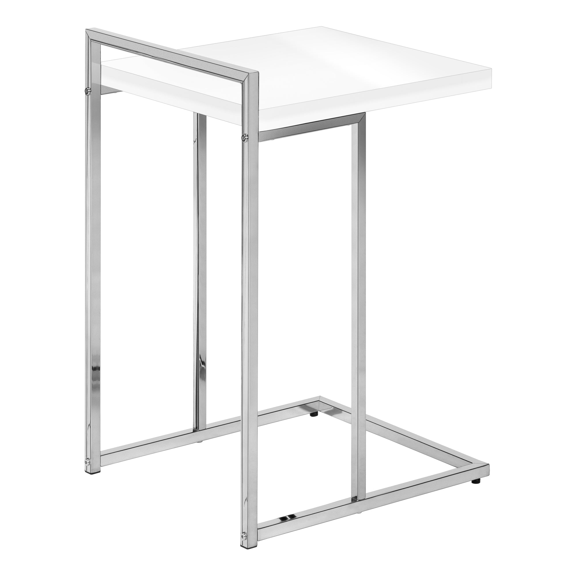 MN-853636    Accent Table, C-Shaped, End, Side, Snack, Living Room, Bedroom, Metal Frame, Laminate, Glossy White, Chrome, Contemporary, Modern