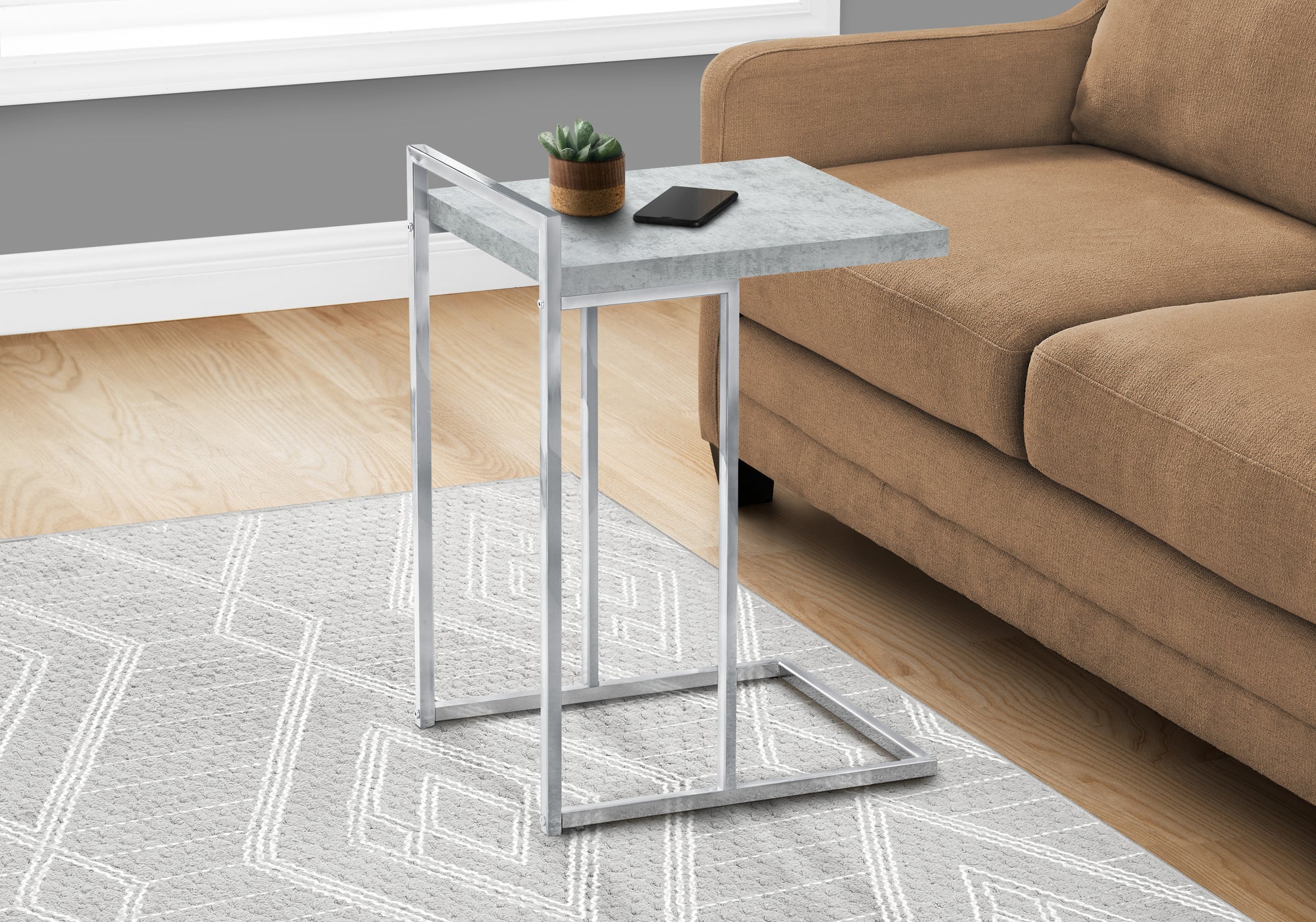 MN-883639    Accent Table, C-Shaped, End, Side, Snack, Living Room, Bedroom, Metal Frame, Laminate, Grey Cement Look, Chrome, Contemporary, Modern